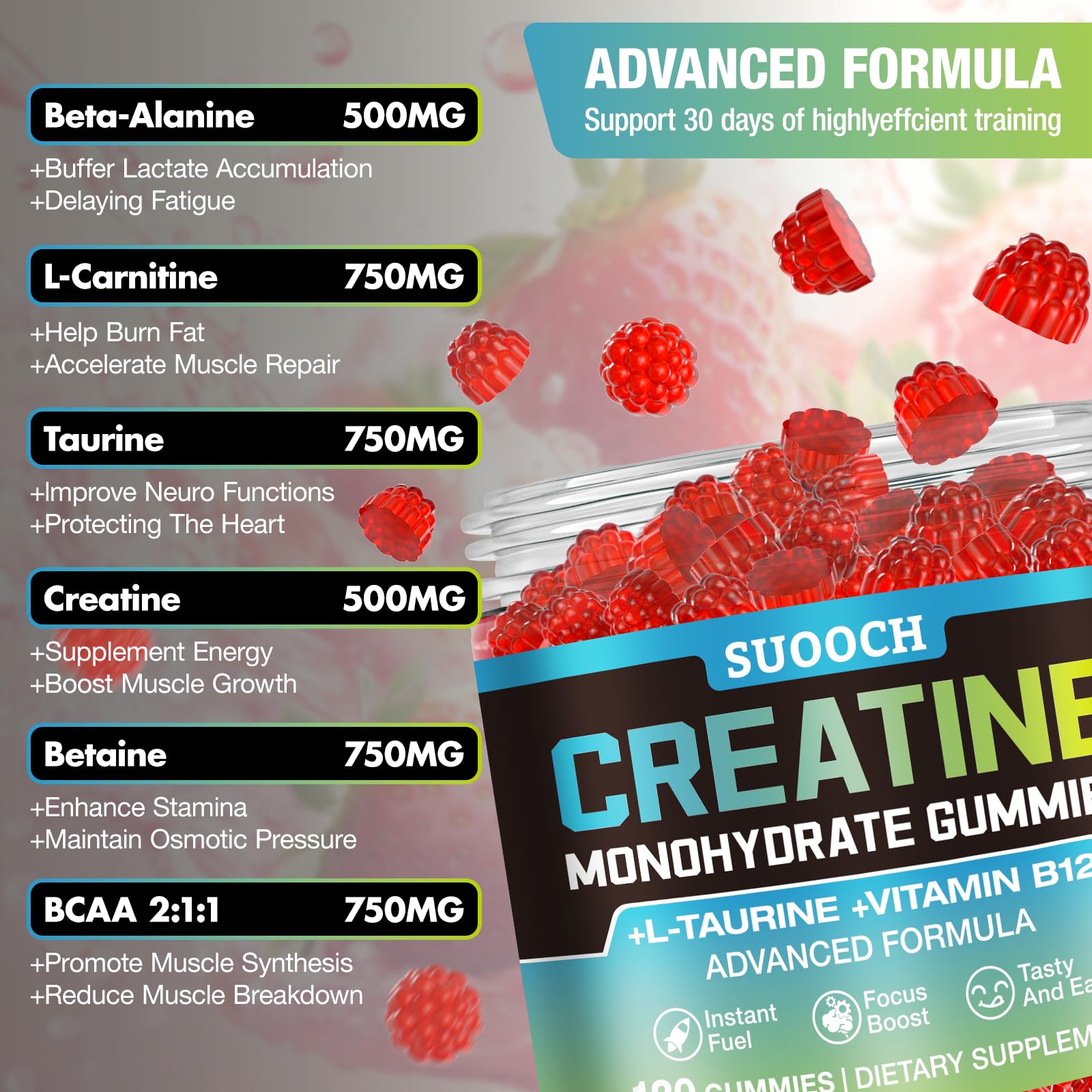 SUOOCH Creatine Gummies primer plano de gomitas frambuesa