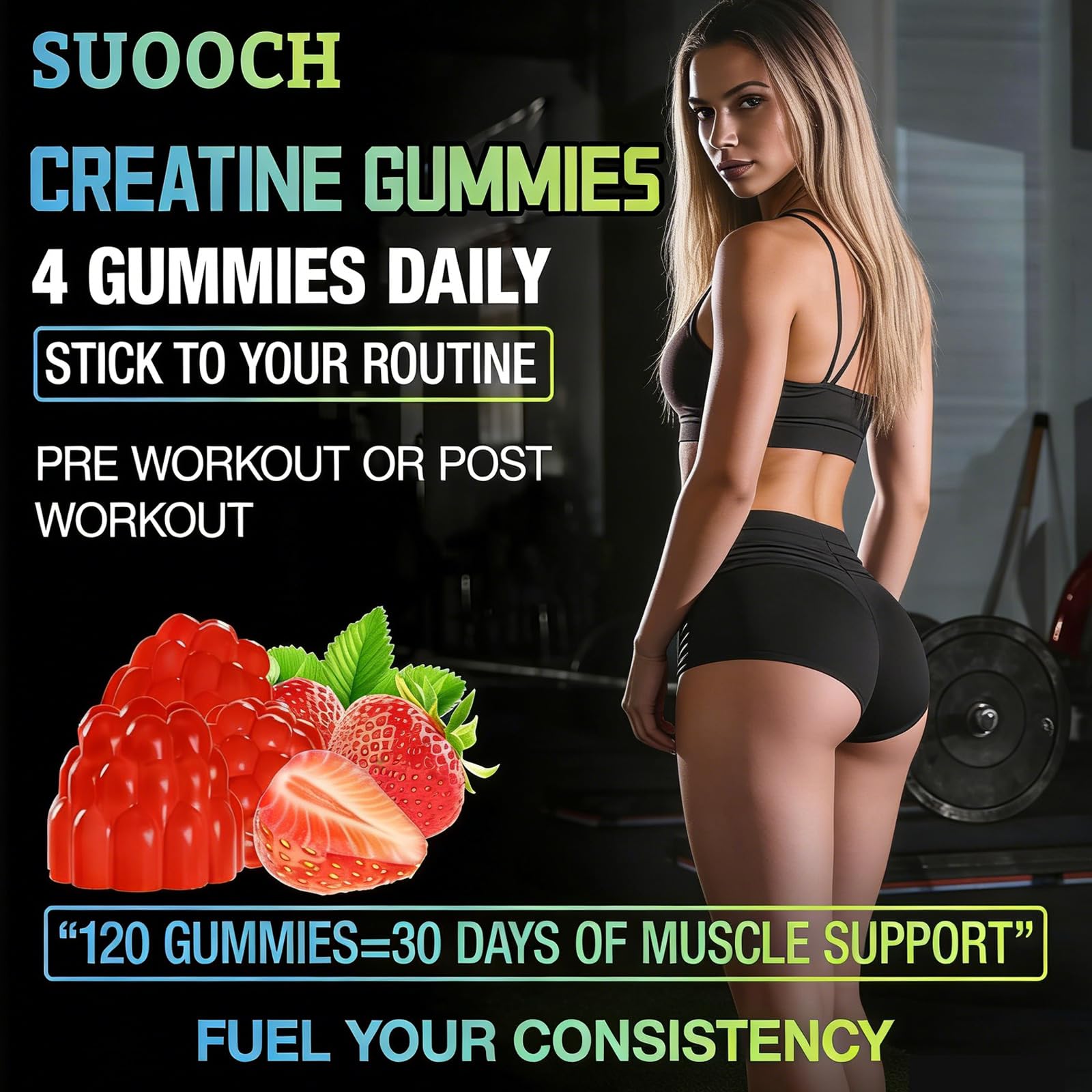 SUOOCH Creatine Gummies sabor frambuesa para pre-entrenamiento