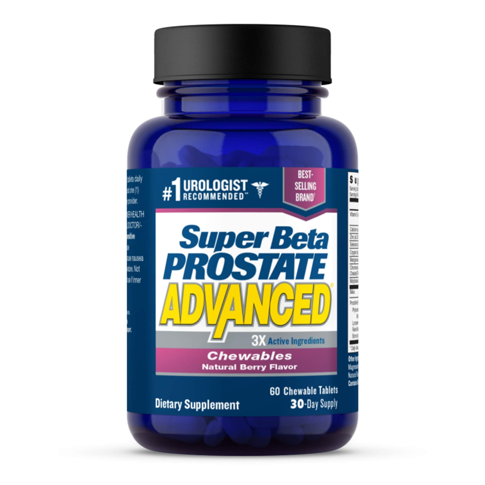 SUPER BETA PROSTATE comprimidos masticables con sabor frambuesa para apoyo prostático diario.