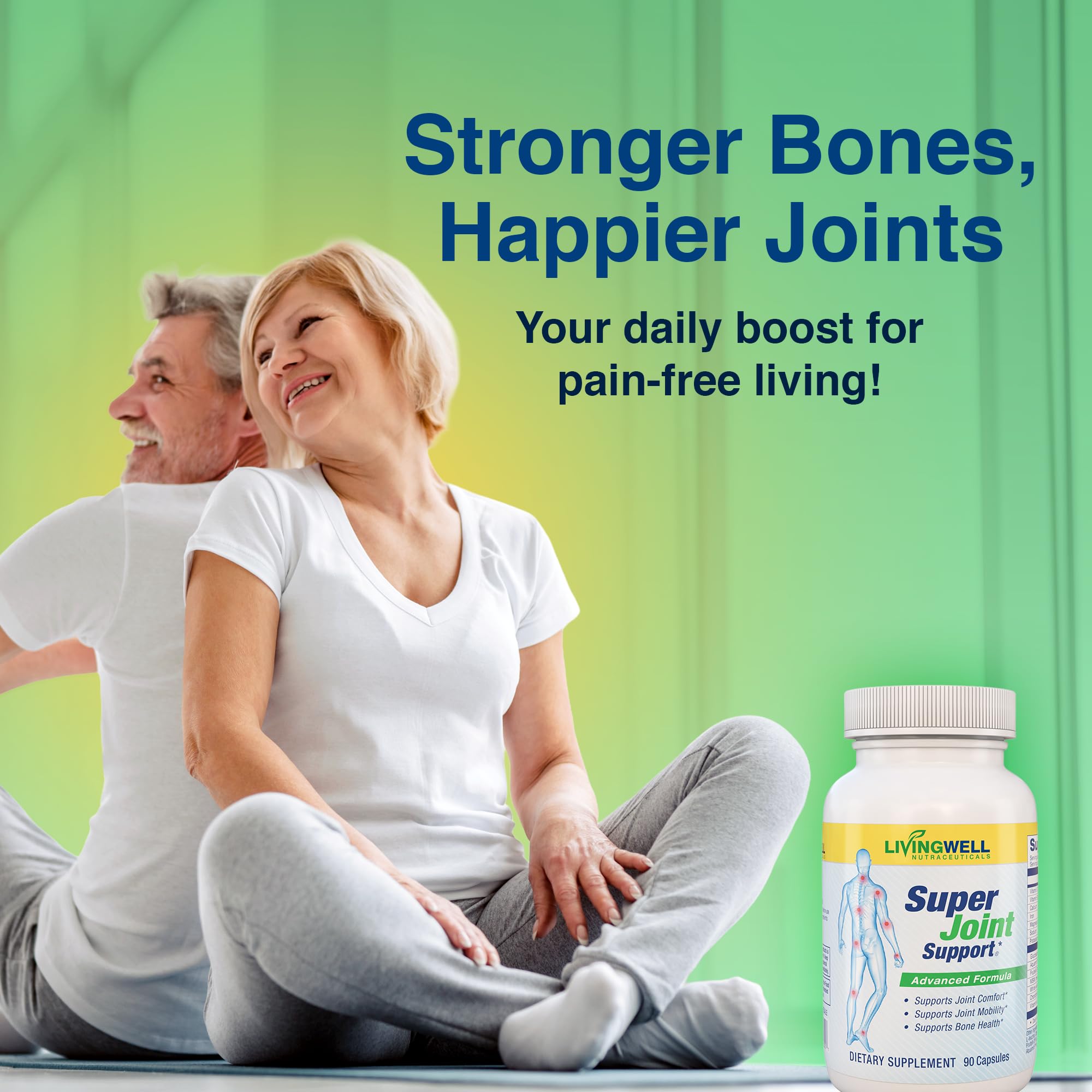 SUPER JOINT SUPPORT etiqueta nutricional, resalta vitamina D y magnesio para huesos.