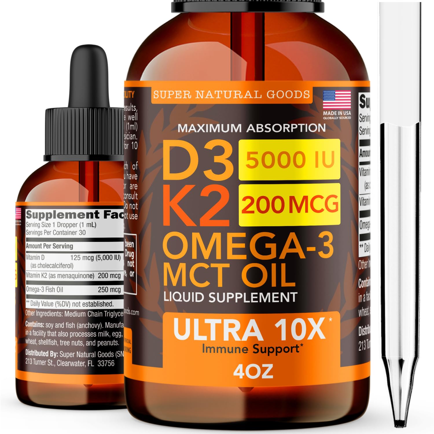 Super Natural Goods gotas D3 K2, vertiendo del bote, posible apoyo a huesos y energía.