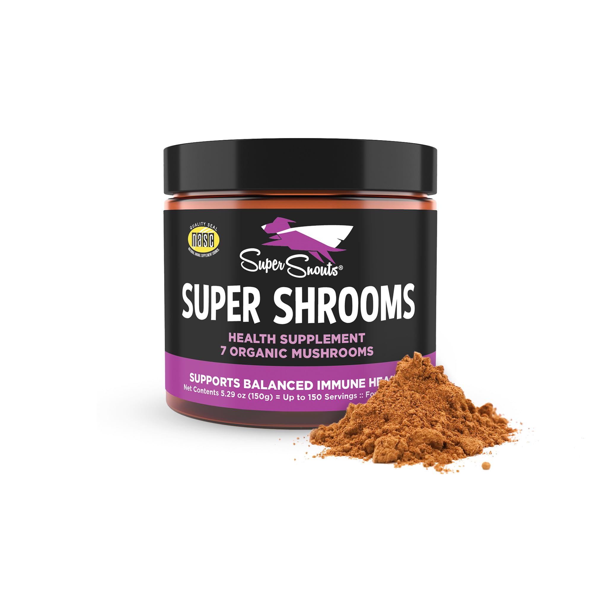 Botella de Super Snouts Super Shrooms con etiqueta, posible apoyo inmunitario para mascotas