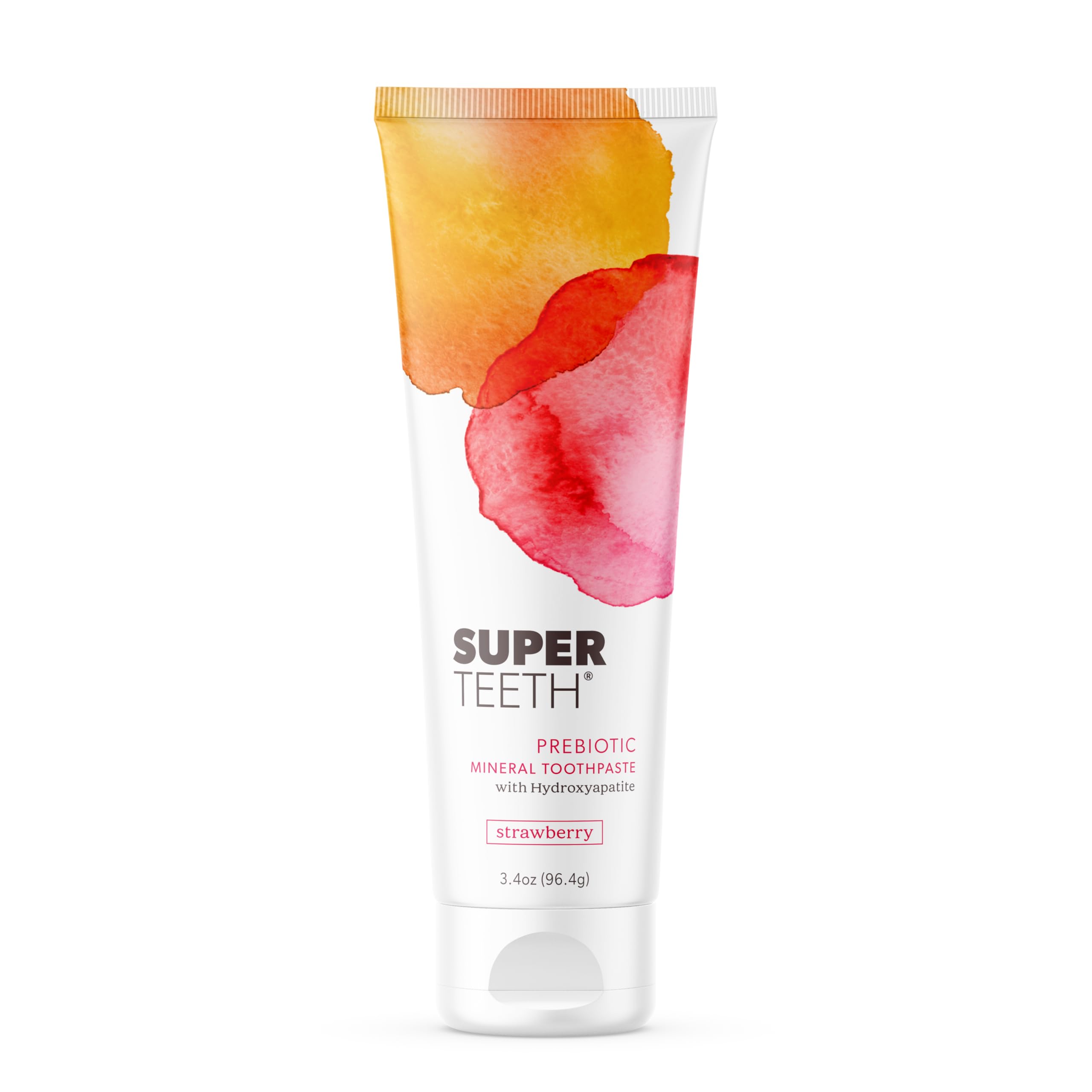 Pasta dental SuperTeeth en tubo con sabor fresa para uso diario.