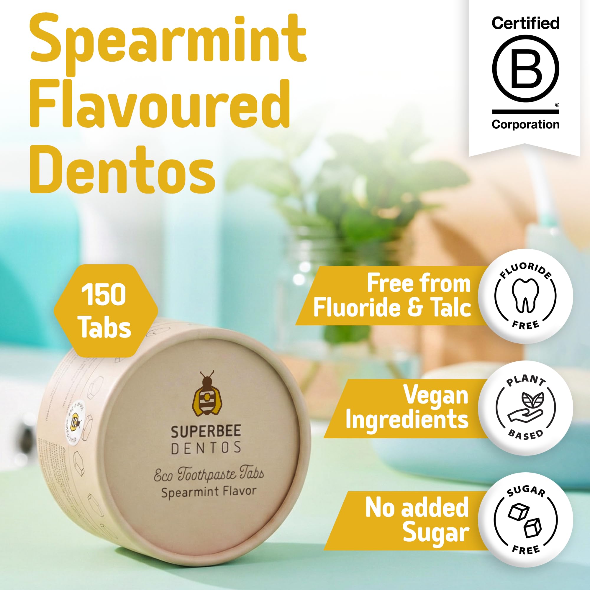 SuperBee Dentos lata eco, envase reutilizable para cuidado bucal sostenible.