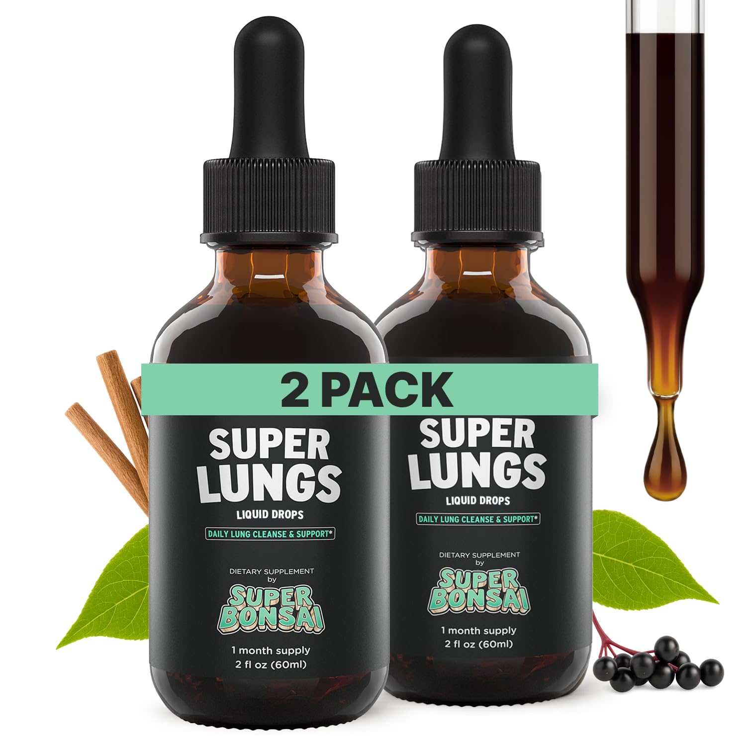 Botella de SuperBonsai Super Lungs con cuentagotas para apoyo respiratorio diario.