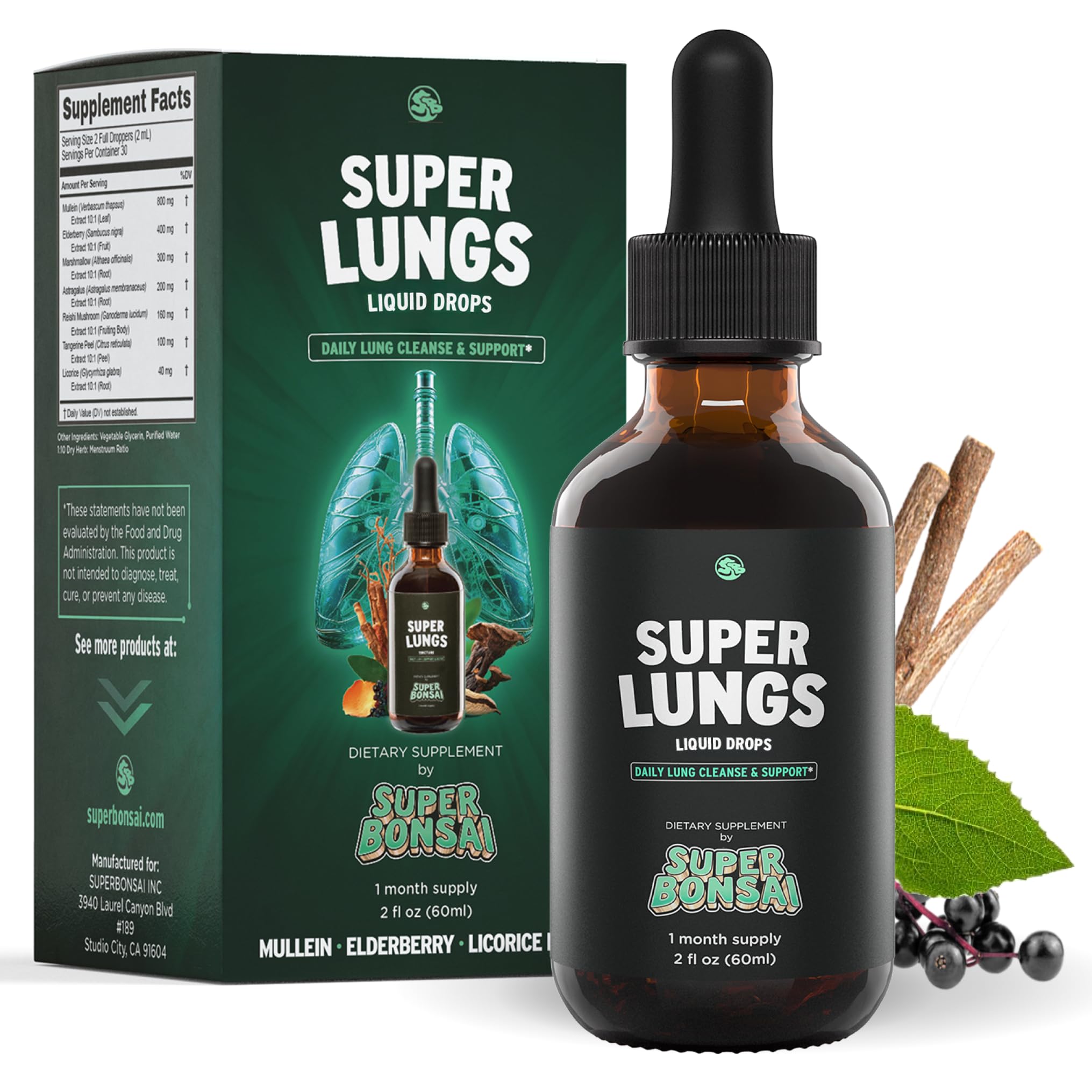 SuperBonsai Gotas para Pulmones: botella elegante para apoyar respiración clara de forma natural