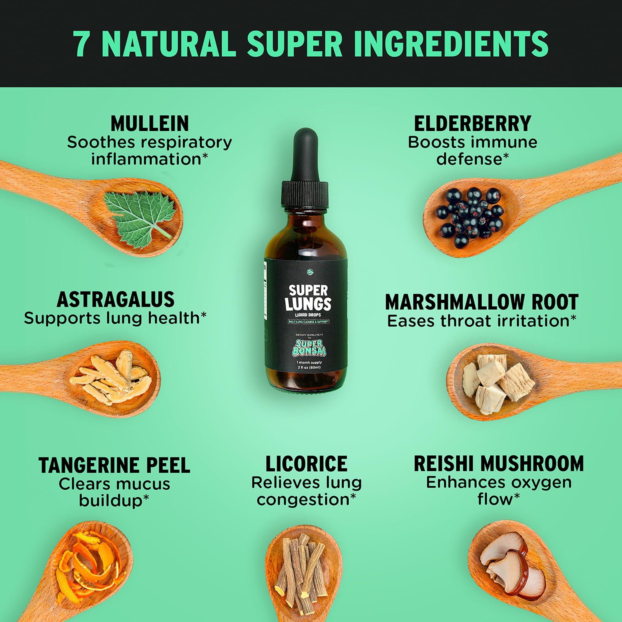 Etiqueta de ingredientes naturales de SuperBonsai Gotas para Pulmones