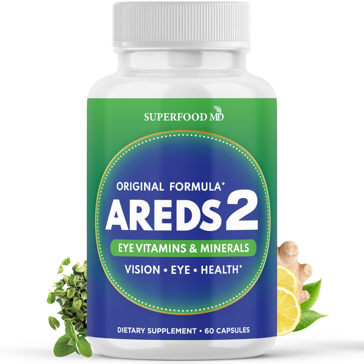 Superfood MD AREDS-2: botella de cápsulas para apoyo ocular durante tareas prolongadas