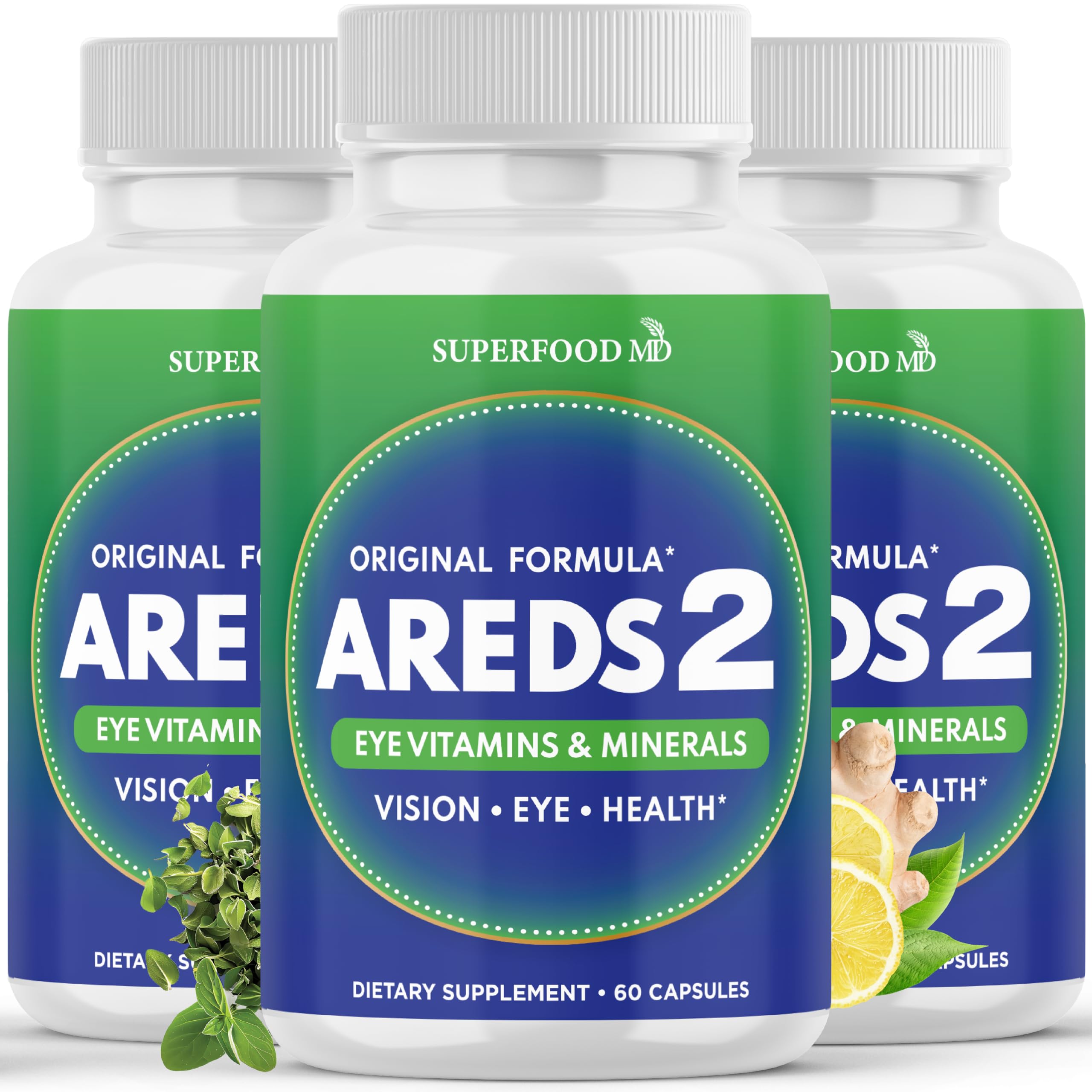 Superfood MD AREDS 2: bote de cápsulas para apoyo visual diario.