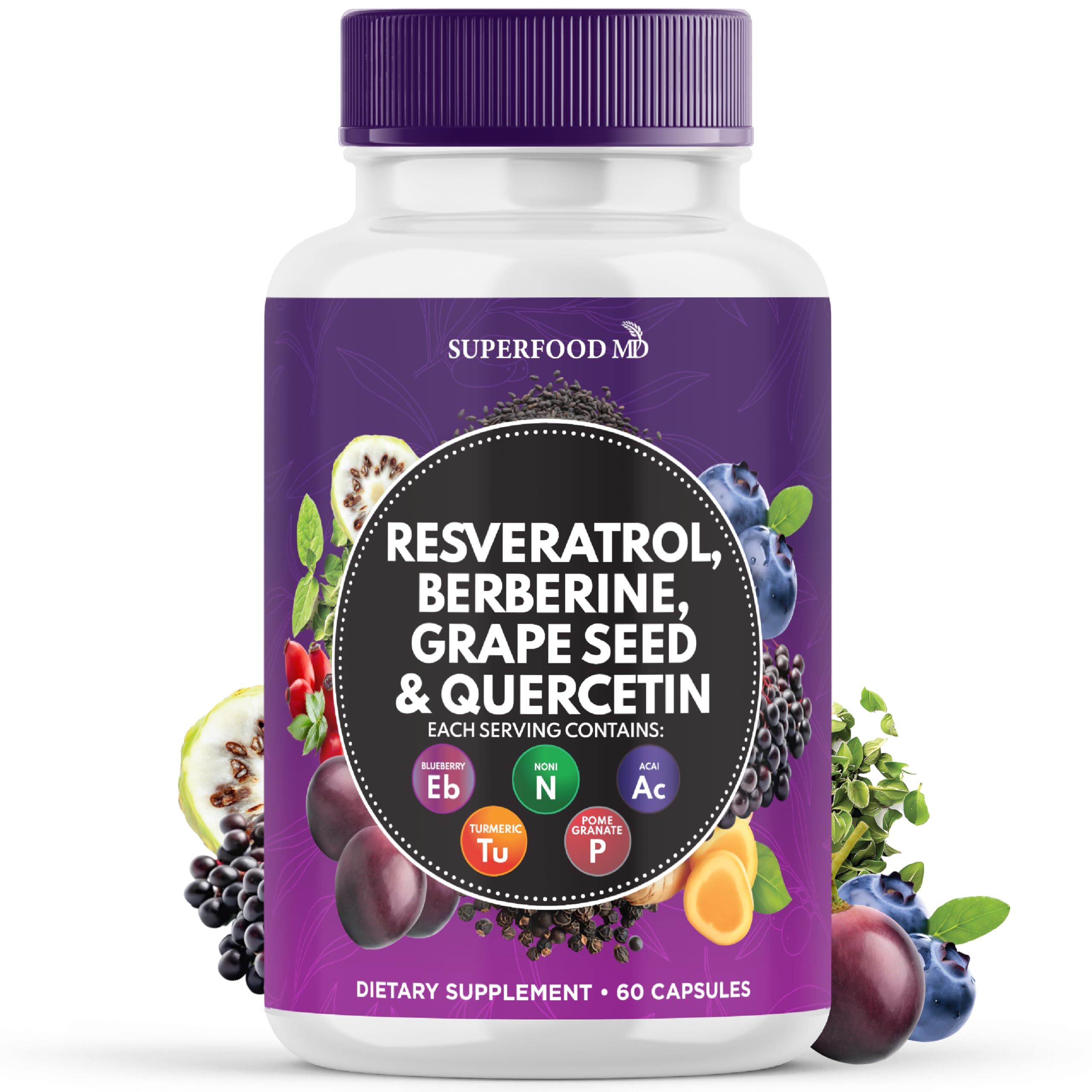 Superfood MD Resveratrol Berberina: cápsulas en botella para uso diario.