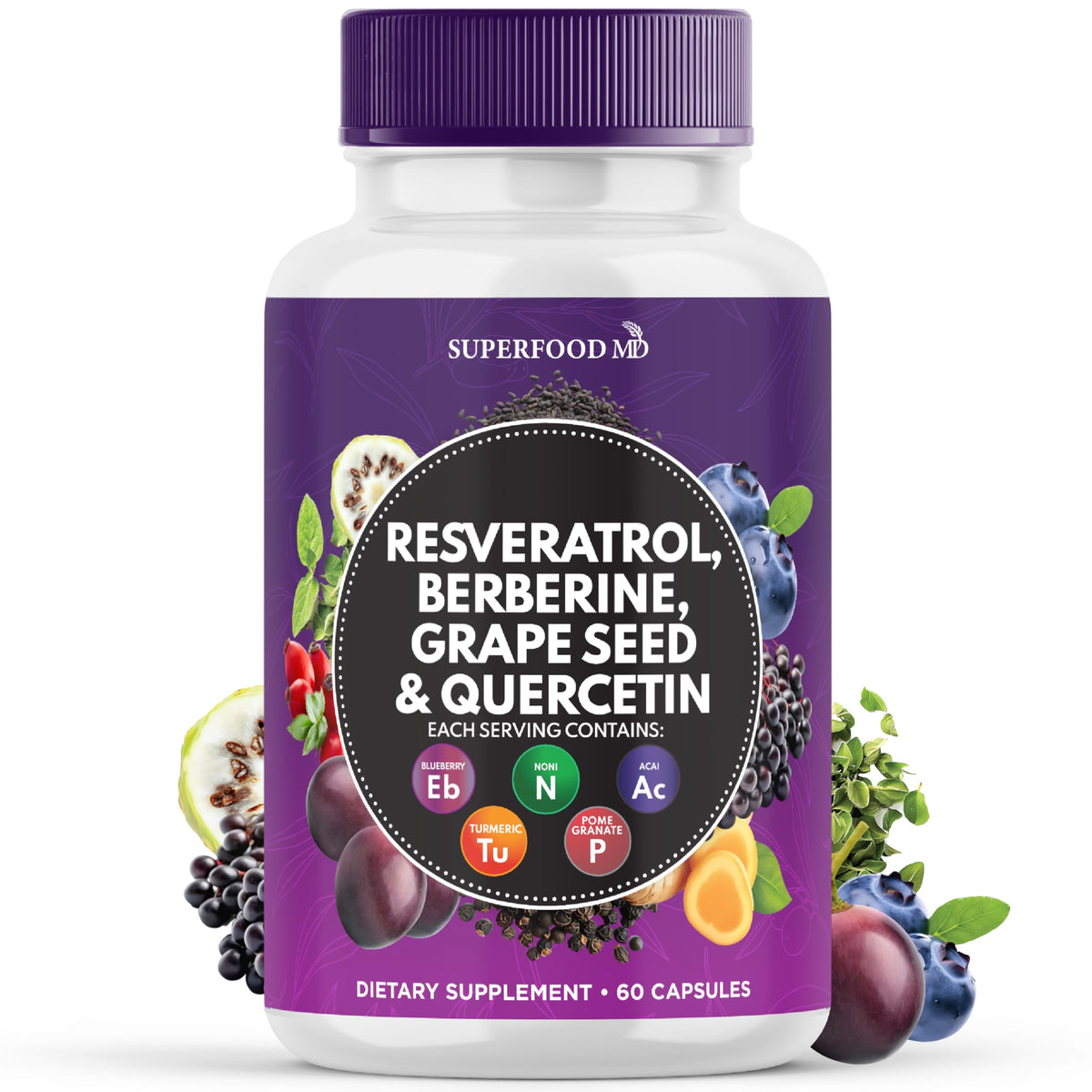 Superfood MD Resveratrol Berberina: cápsulas en botella para uso diario.