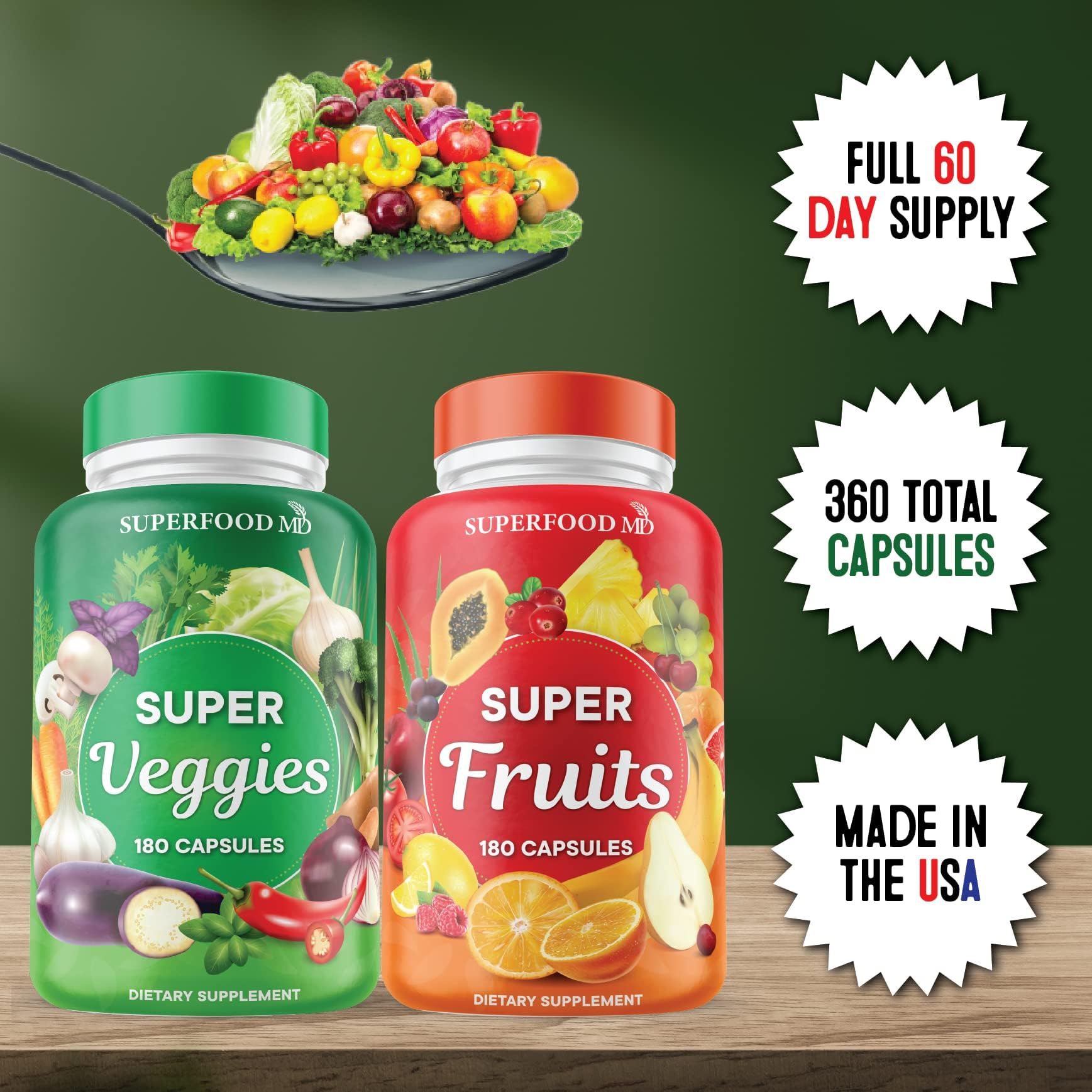Variedad de más de 35 frutas y verduras para variedad nutritiva.