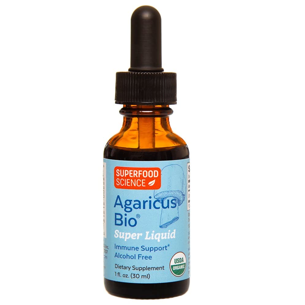 Agaricus Bio Super Liquid: botella mostrada, extracto orgánico ABM para nutrición diaria.