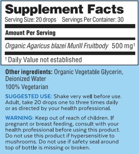 Agaricus Bio Super Liquid: origen estadounidense y cultivo orgánico certificado.