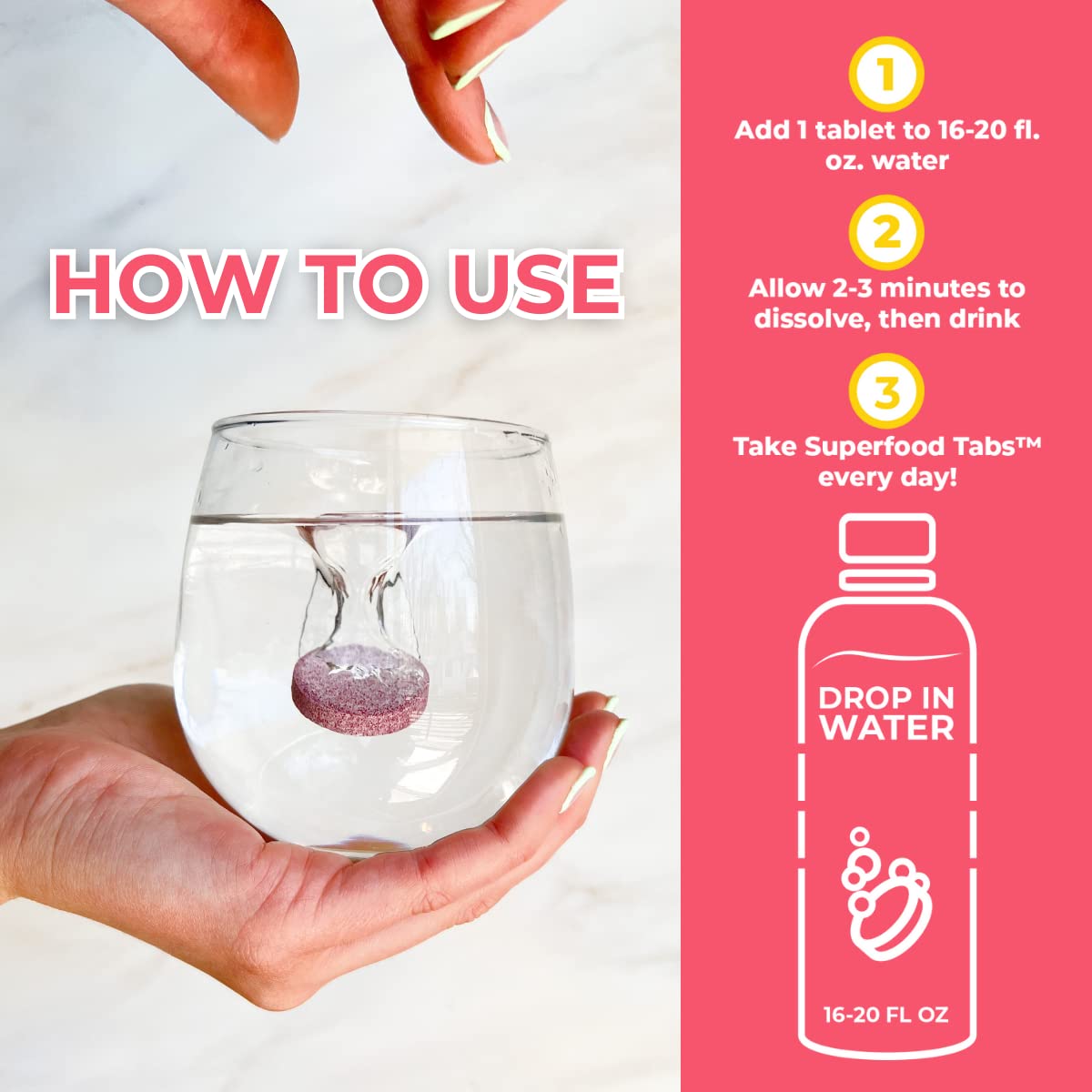Superfood Tabs: tableta efervescente en proceso de disolución en agua.