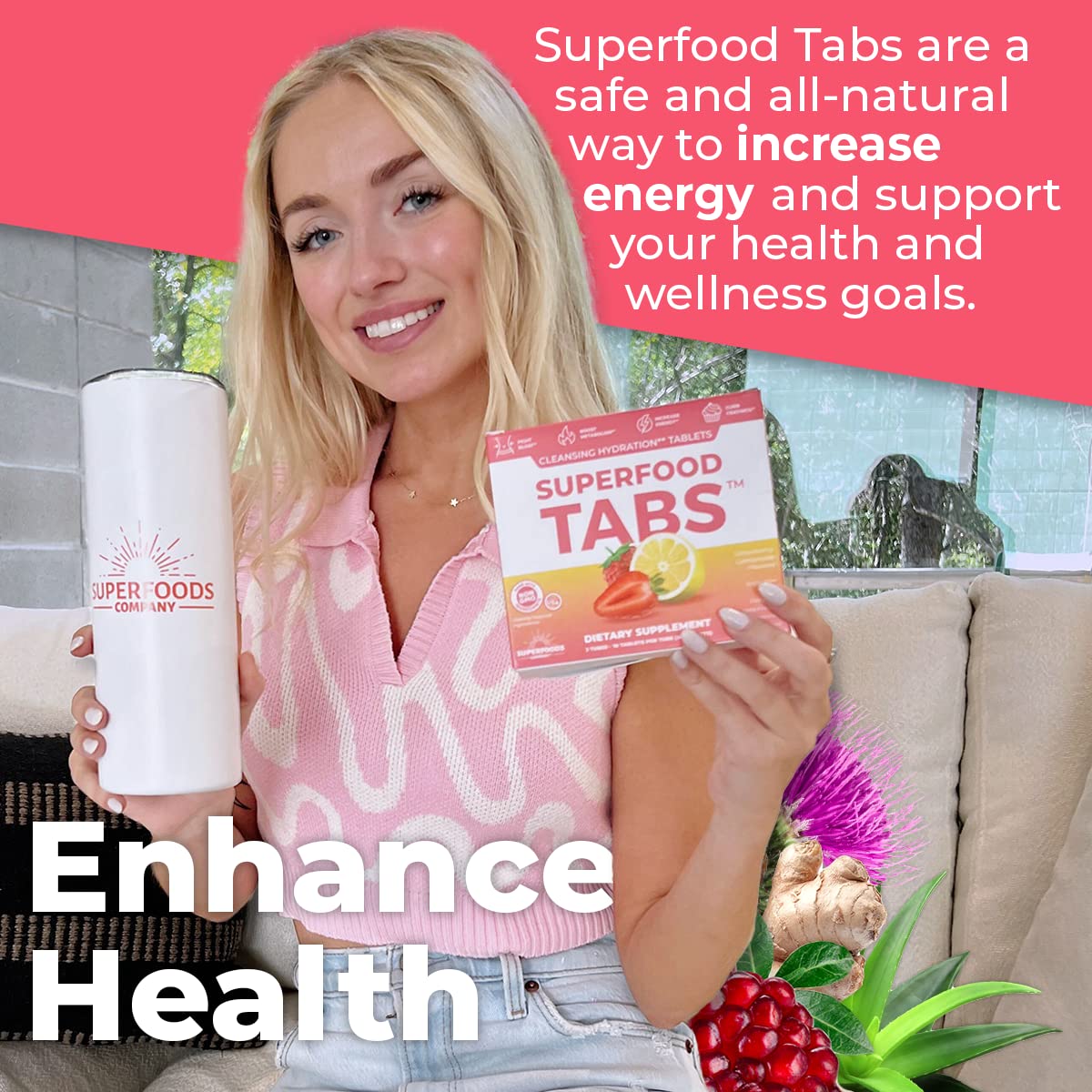 Superfood Tabs: vaso con bebida de fresa limón lista para tomar.