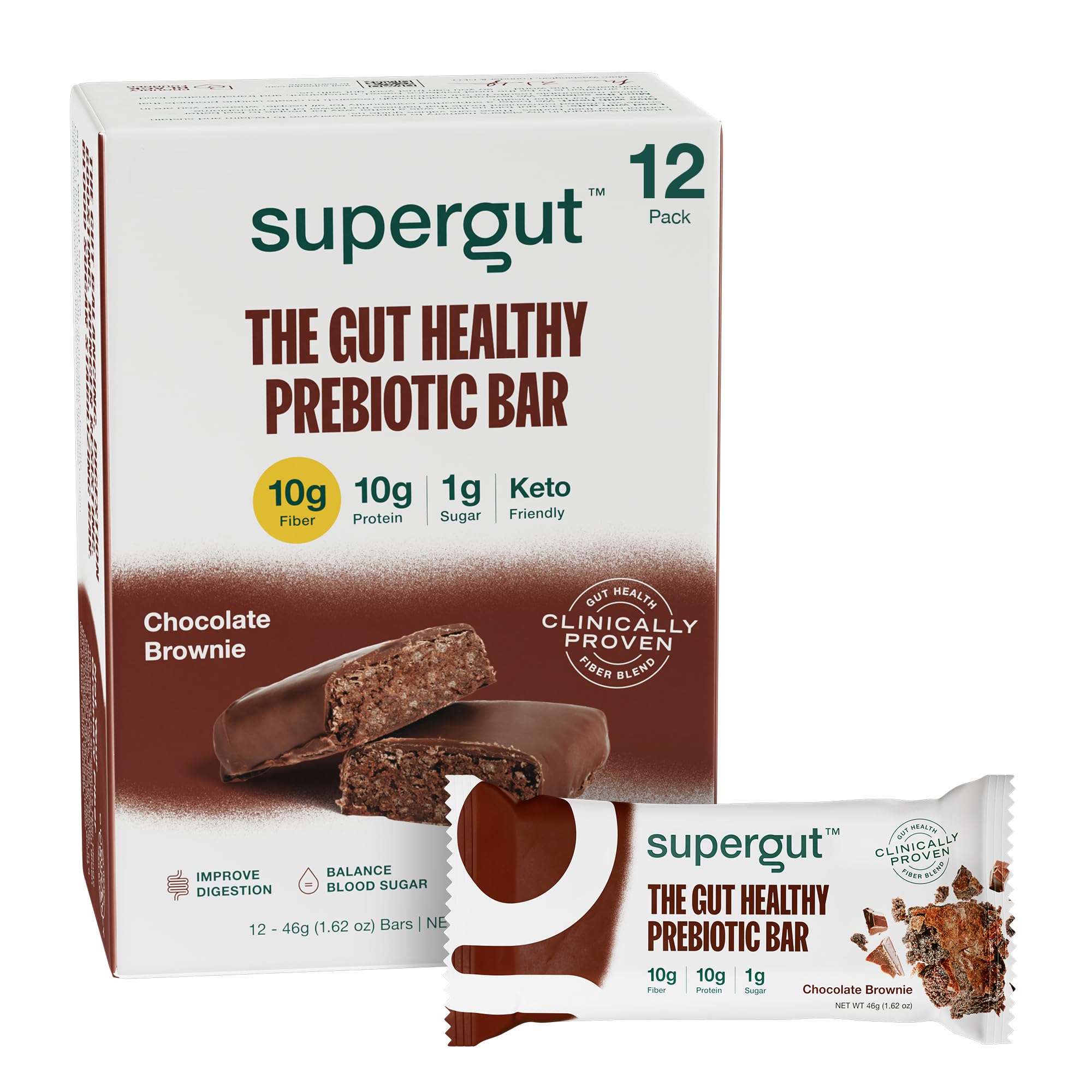 Supergut barras prebióticas chocolate brownie en envase, snack nutritivo para llevar