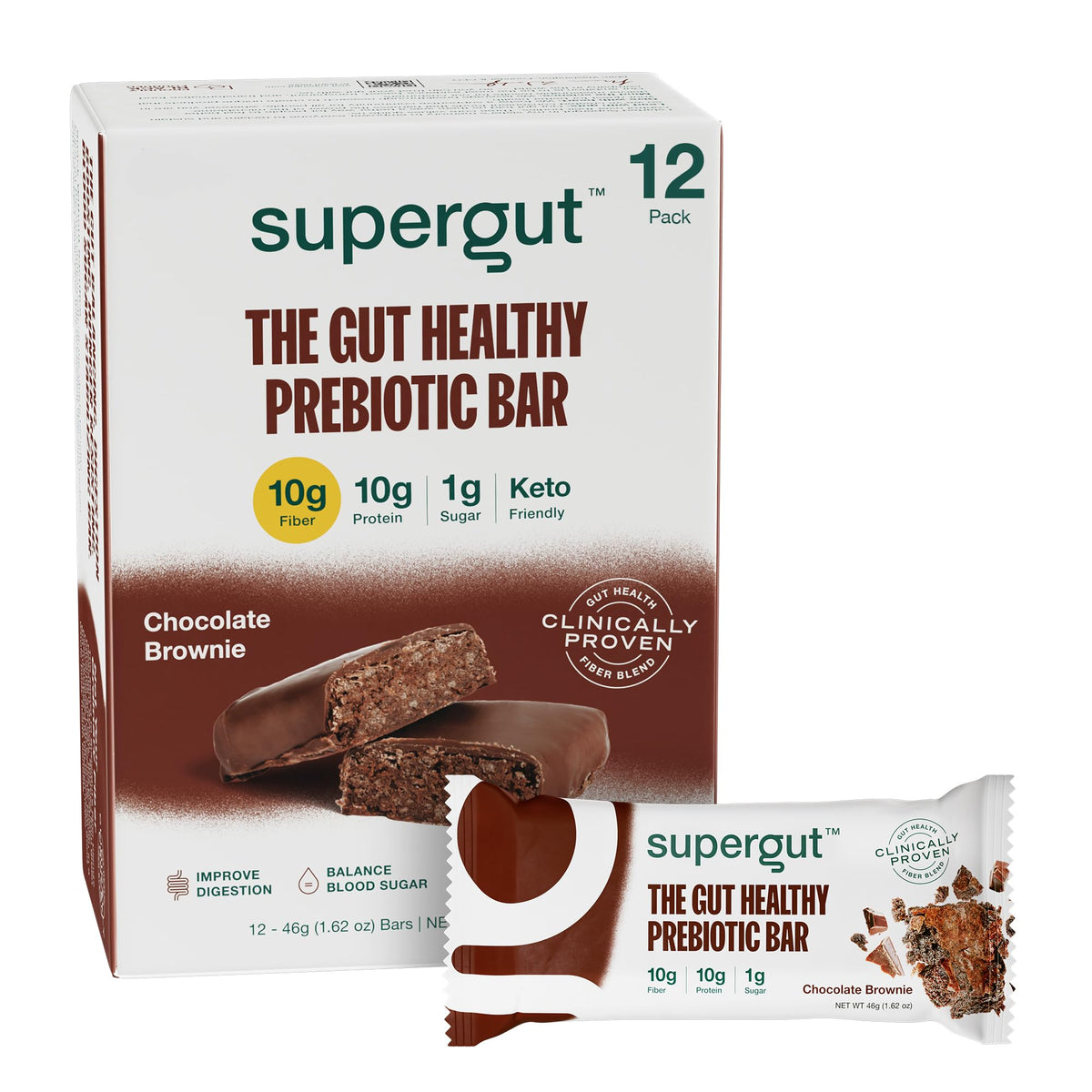 Supergut barras prebióticas chocolate brownie en envase, snack nutritivo para llevar