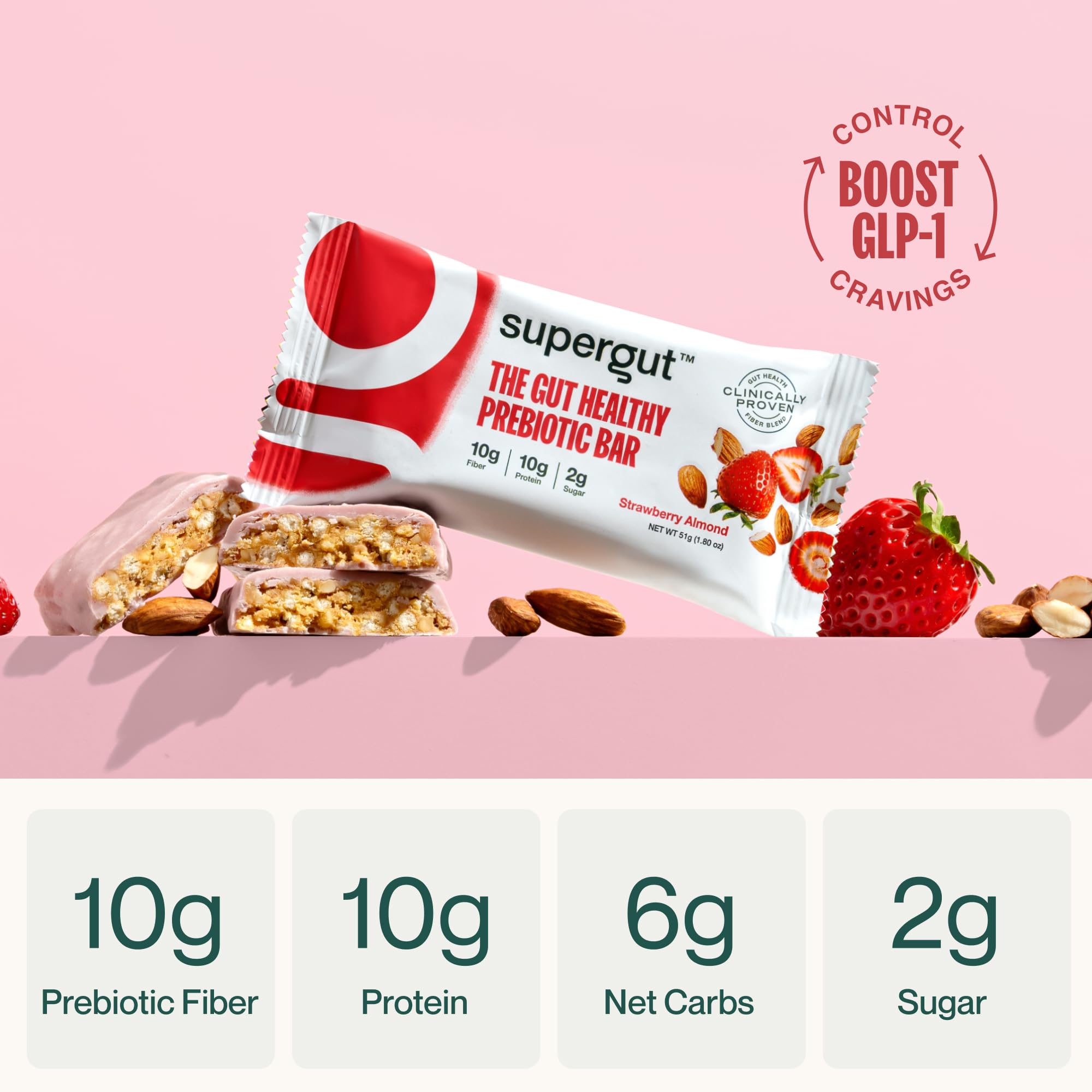 Supergut barra GLP-1, textura masticable ideal para merienda rápida.