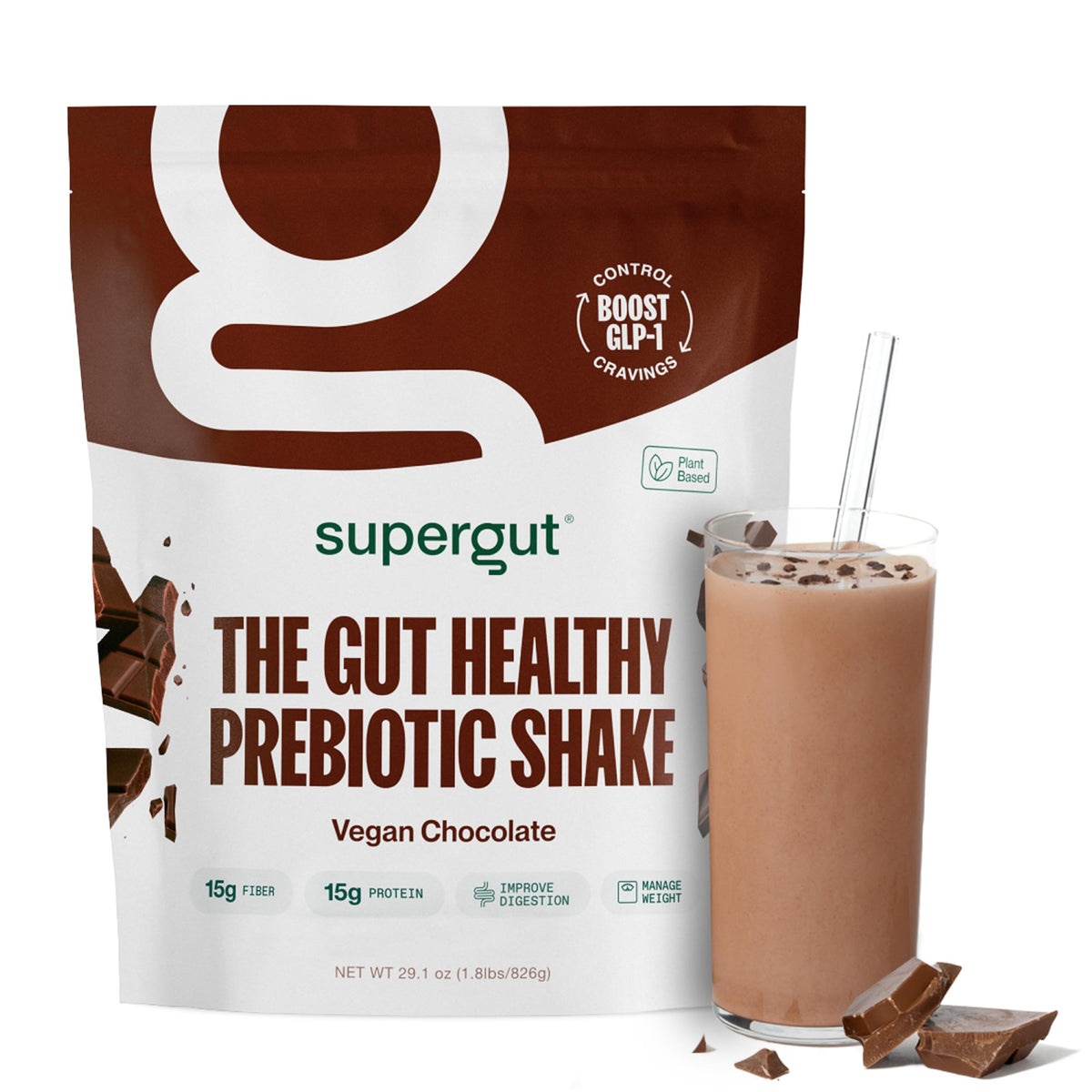 Supergut batido prebiótico chocolate cremoso para saciarse y cuidar la digestión.