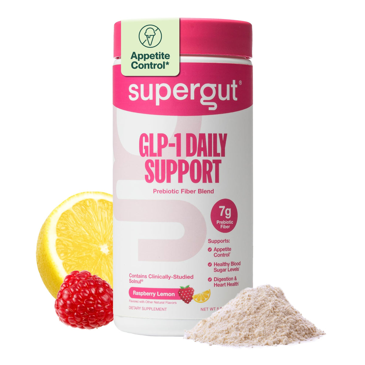 Supergut GLP-1: botella de frambuesa limón con fibra diaria