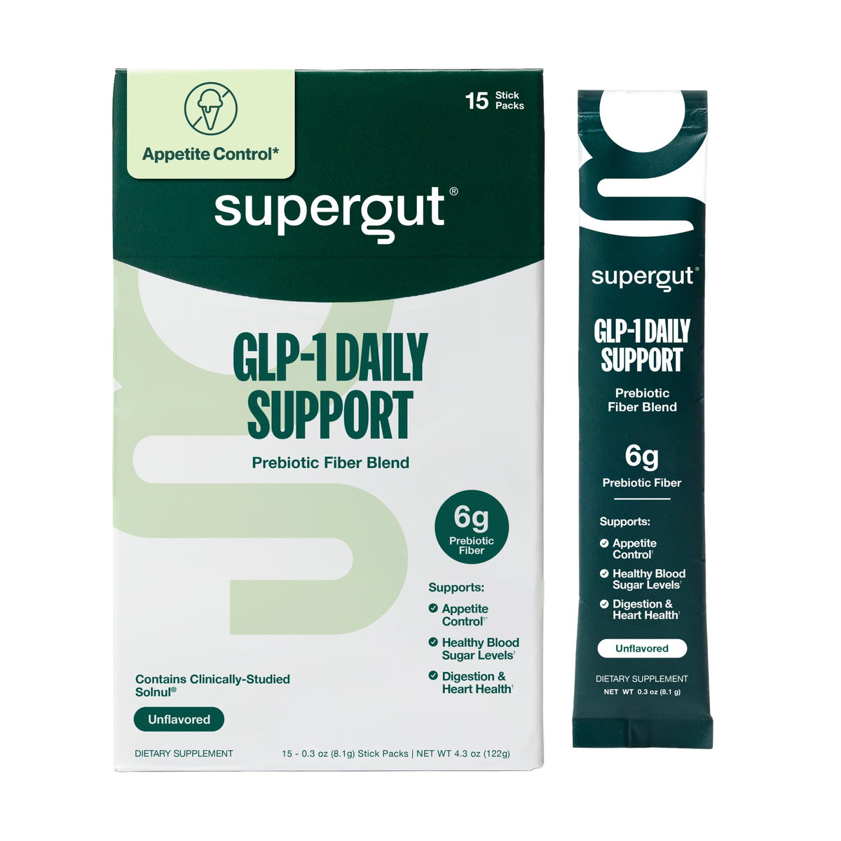 Supergut GLP1 Daily Support en polvo en frasco muestra textura suave y digestión equilibrada