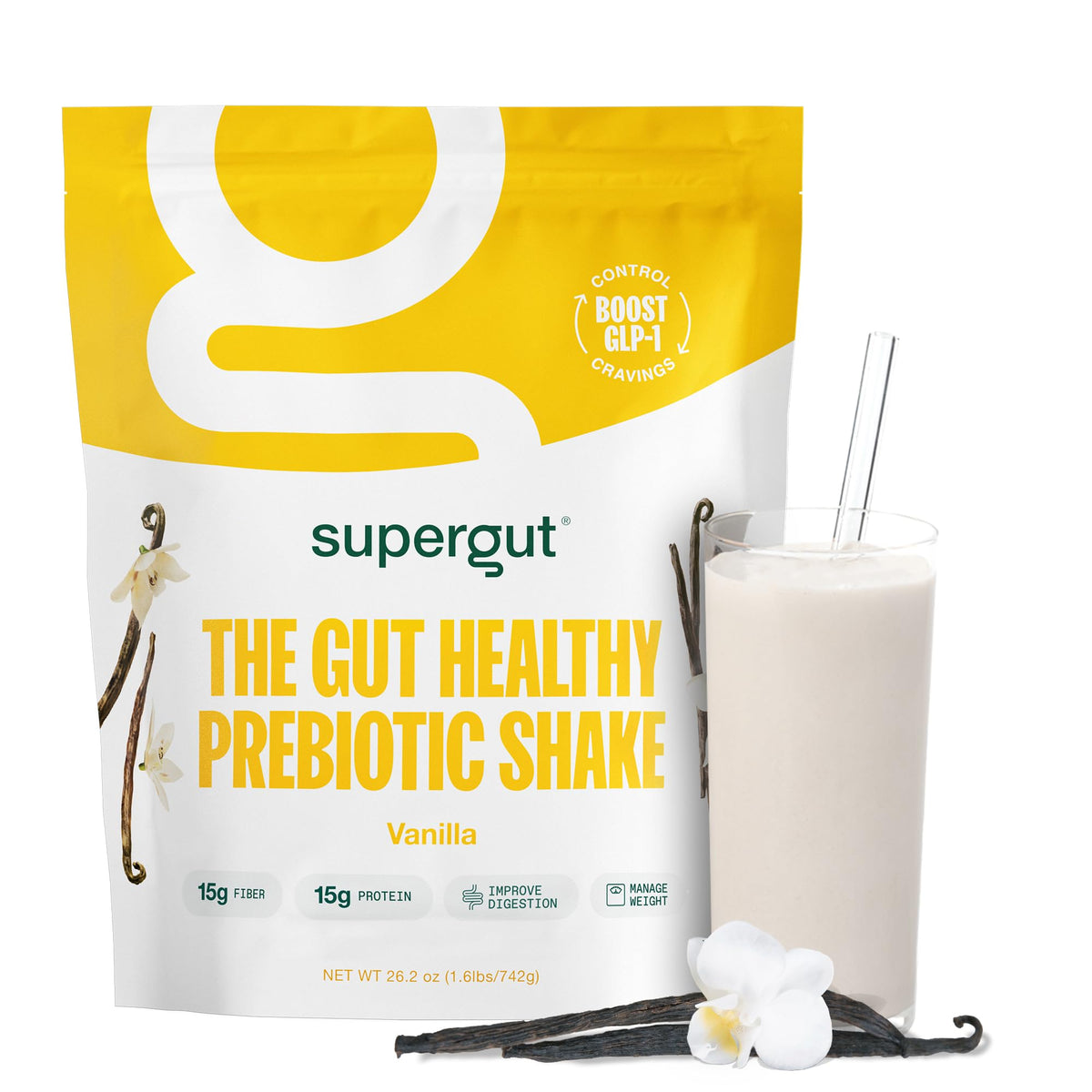Supergut Shakes prebióticos vainilla en envase visible, promueve saciedad sostenida.