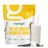 Supergut Shakes prebióticos vainilla en envase visible, promueve saciedad sostenida.