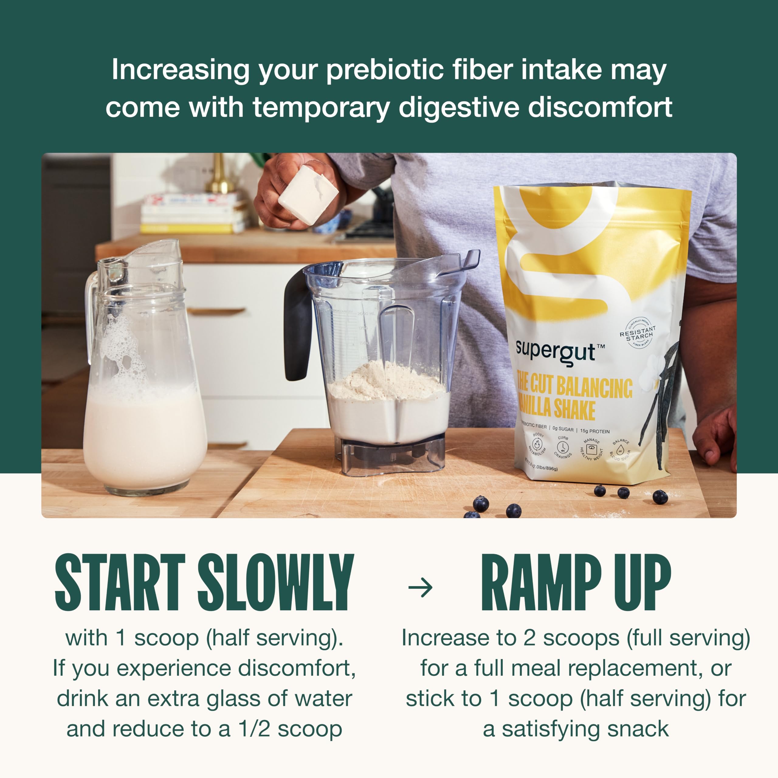 Producto apto para keto y sin azúcares añadidos, Supergut vainilla.