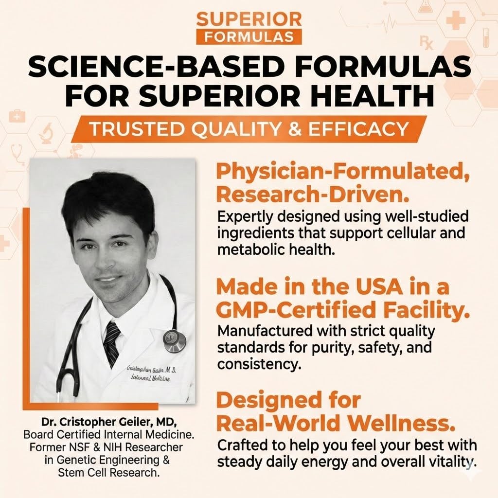 Superior Formulas Senolytic+ etiqueta trasera, información para uso seguro.