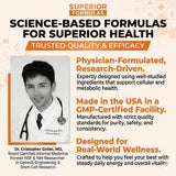Superior Formulas Senolytic+ etiqueta trasera, información para uso seguro.
