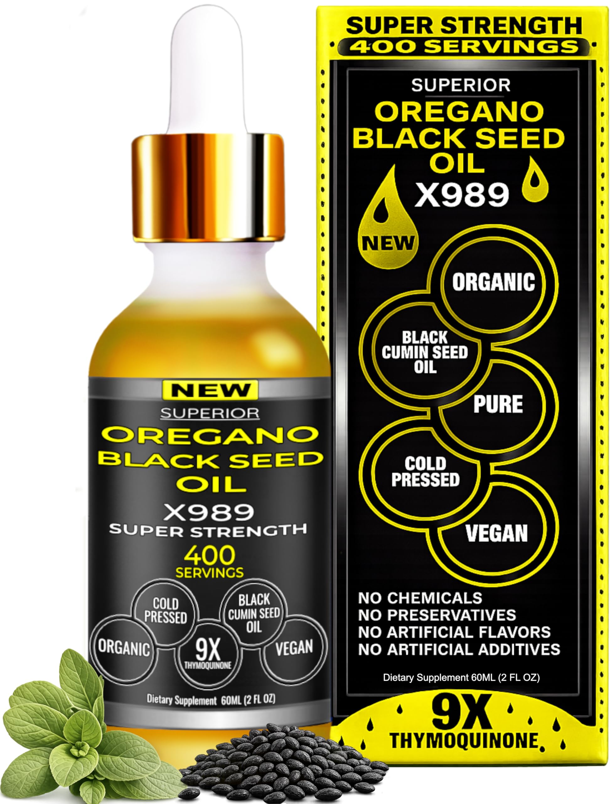 Aceite de oregano con semilla negra de SUPERIOR FULVIC HUMIC X935 en botella de vidrio, aroma intenso