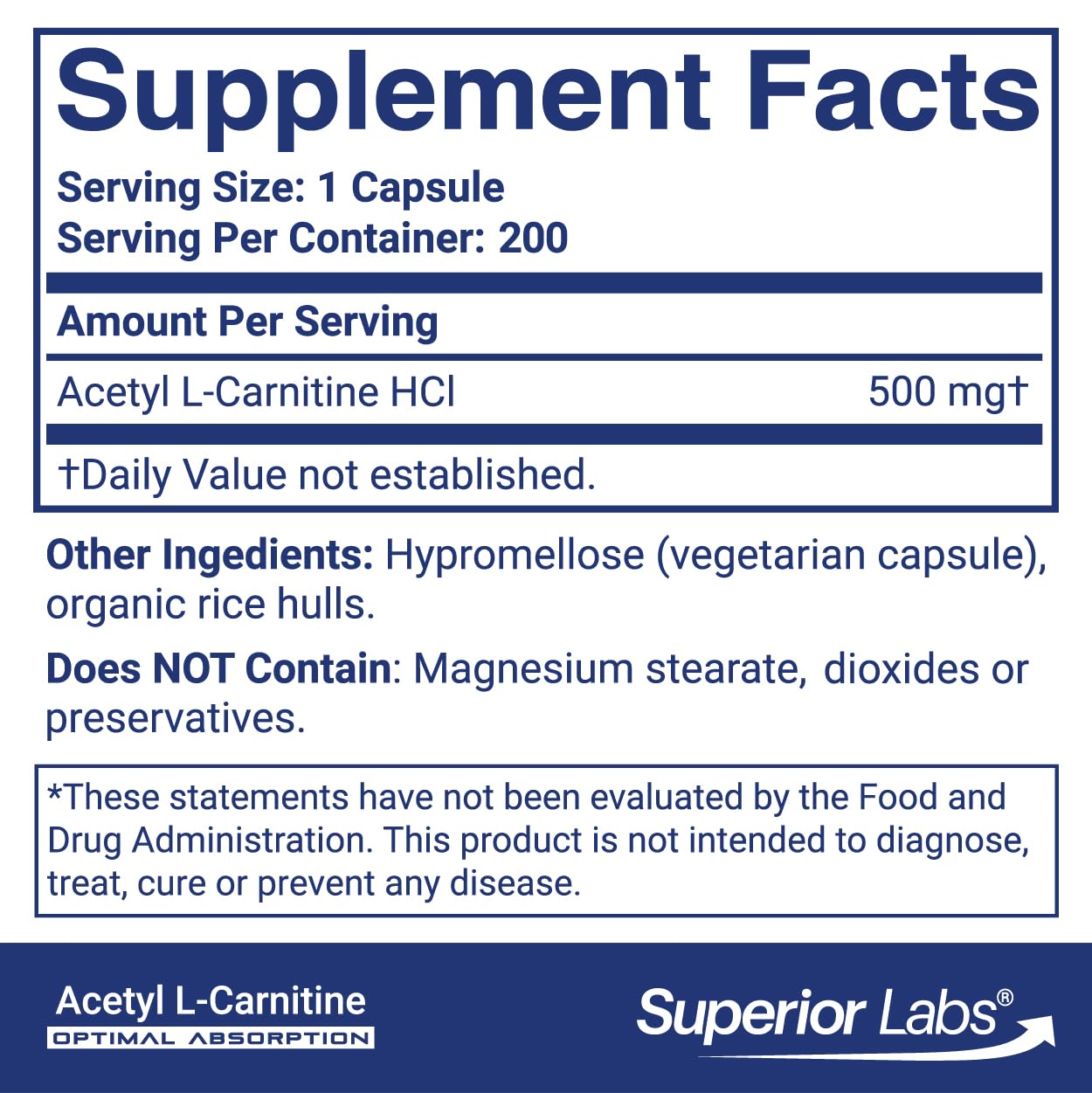 Superior Labs Acetil L-Carnitina 500 mg, etiqueta frontal, información clara de ingredientes.