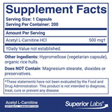 Superior Labs Acetil L-Carnitina 500 mg, etiqueta frontal, información clara de ingredientes.