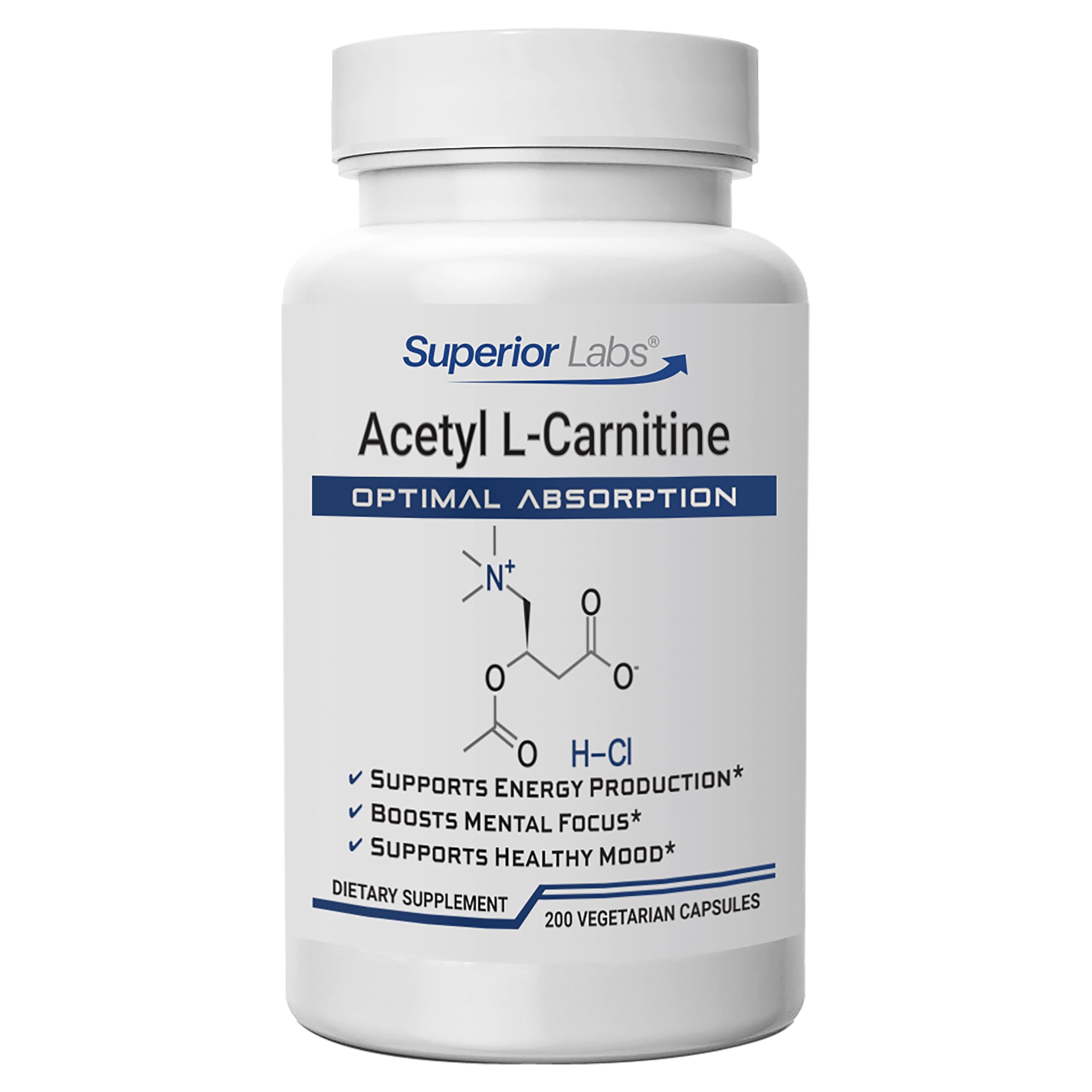 Superior Labs Acetil L-Carnitina 500 mg, frasco de cápsulas, energía sostenida para el día.