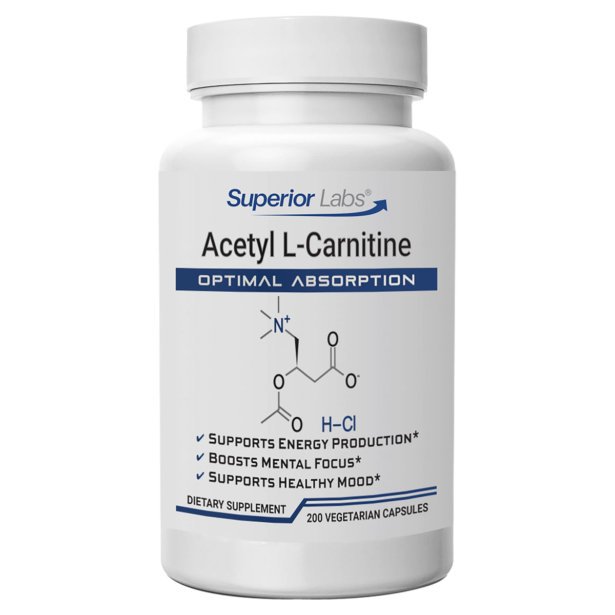 Superior Labs Acetil L-Carnitina 500 mg, frasco de cápsulas, energía sostenida para el día.