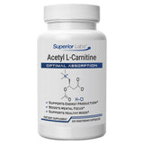 Superior Labs Acetil L-Carnitina 500 mg, frasco de cápsulas, energía sostenida para el día.