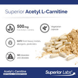 Superior Labs Acetil L-Carnitina 500 mg, producto puro sin aditivos sintéticos.