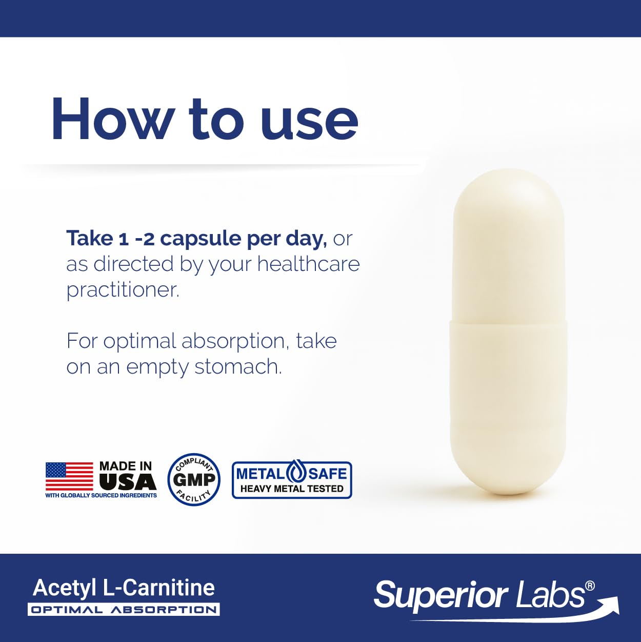 Superior Labs Acetil L-Carnitina 500 mg, cápsulas sin OGM y sin aditivos.