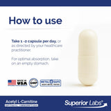 Superior Labs Acetil L-Carnitina 500 mg, cápsulas sin OGM y sin aditivos.