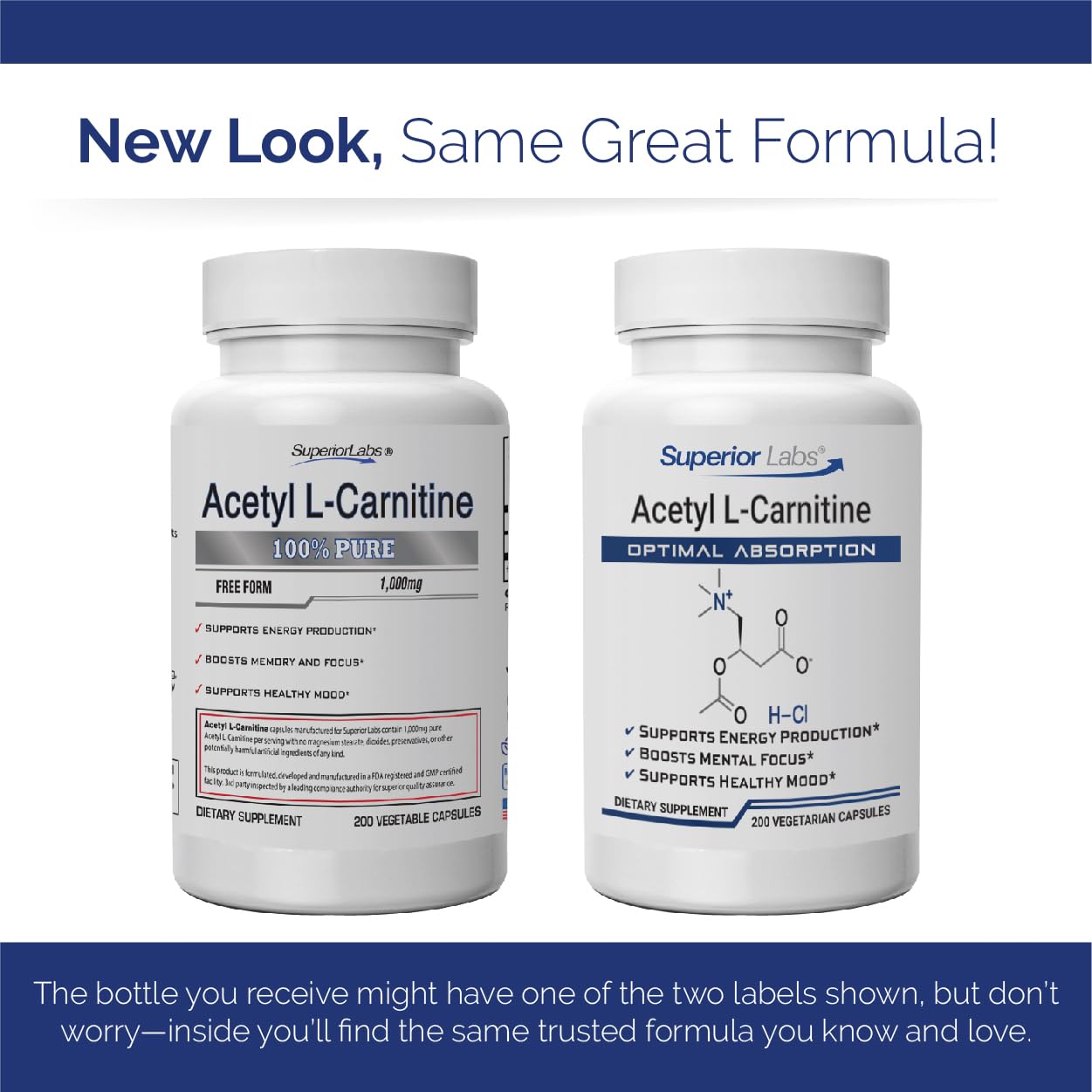 Superior Labs Acetil L-Carnitina 500 mg, frasco con tapa ergonómica para uso cómodo.