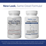 Superior Labs Acetil L-Carnitina 500 mg, frasco con tapa ergonómica para uso cómodo.