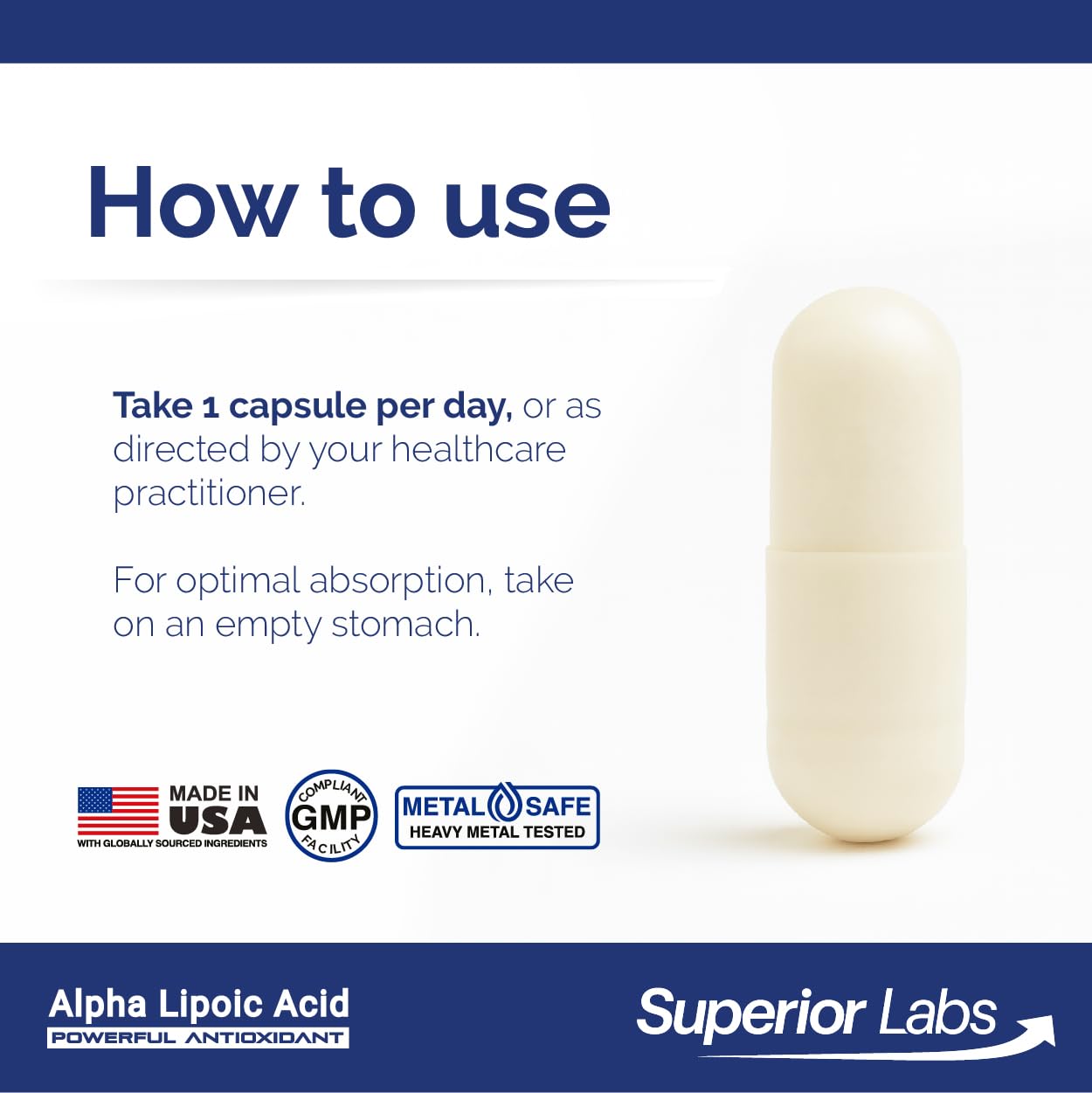 Caja del producto Superior Labs Alpha Lipoic Acid, destaca pureza y formato vegano