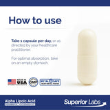Caja del producto Superior Labs Alpha Lipoic Acid, destaca pureza y formato vegano