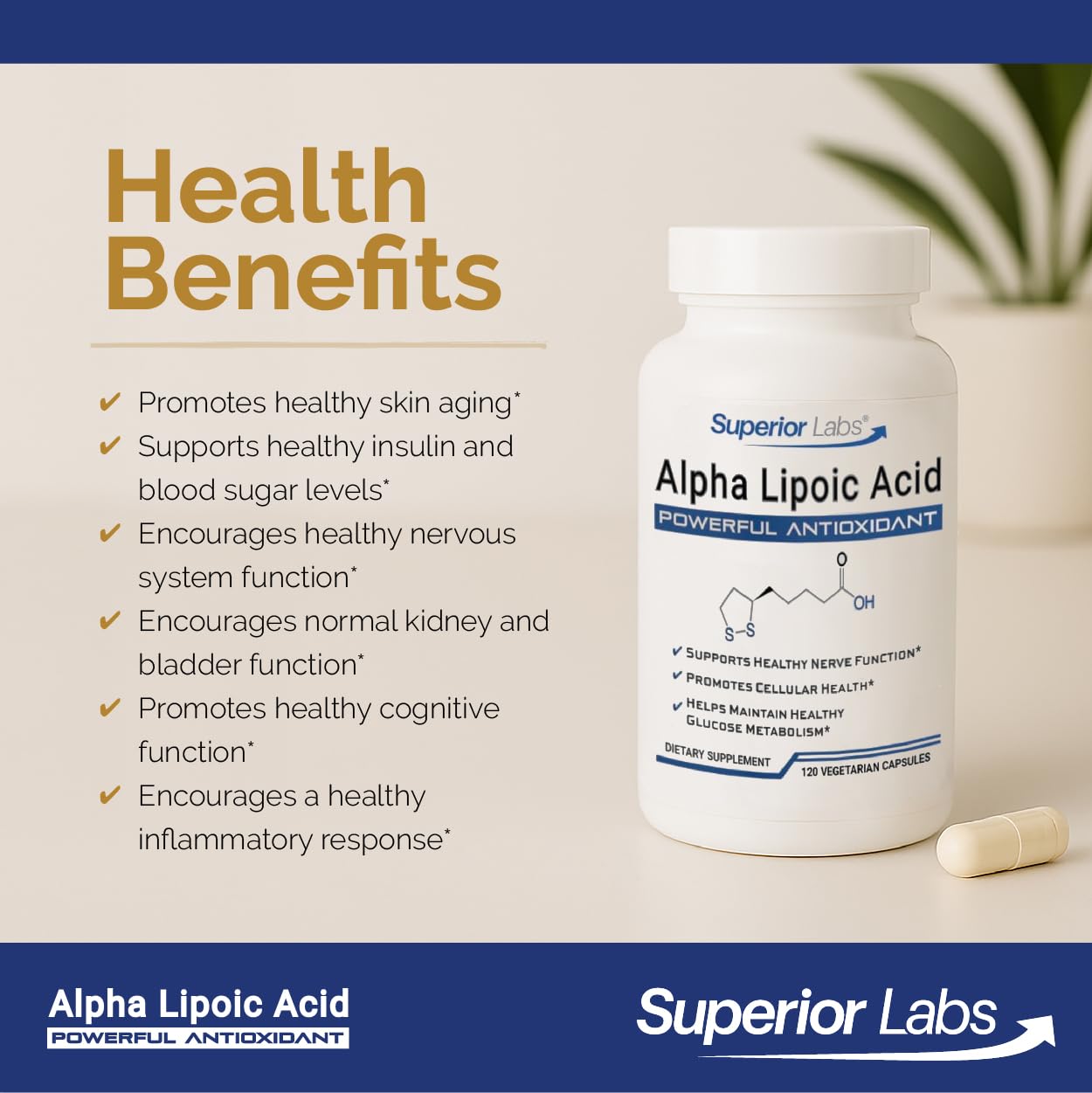 Etiqueta frontal de Superior Labs Alpha Lipoic Acid, muestra pureza y calidad certificada