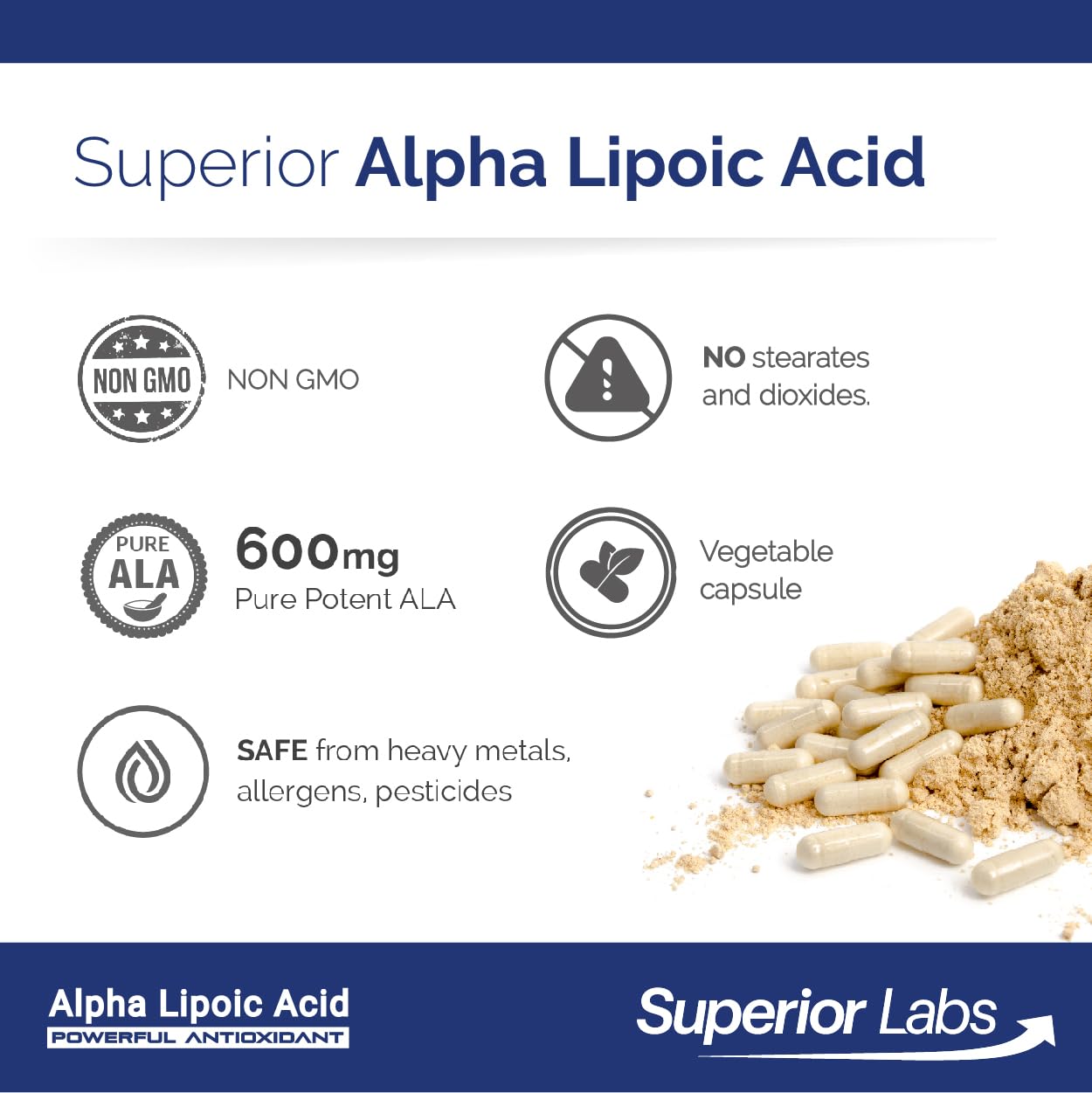 Uso diario de cápsulas Superior Labs Alpha Lipoic Acid para nervios y metabolismo