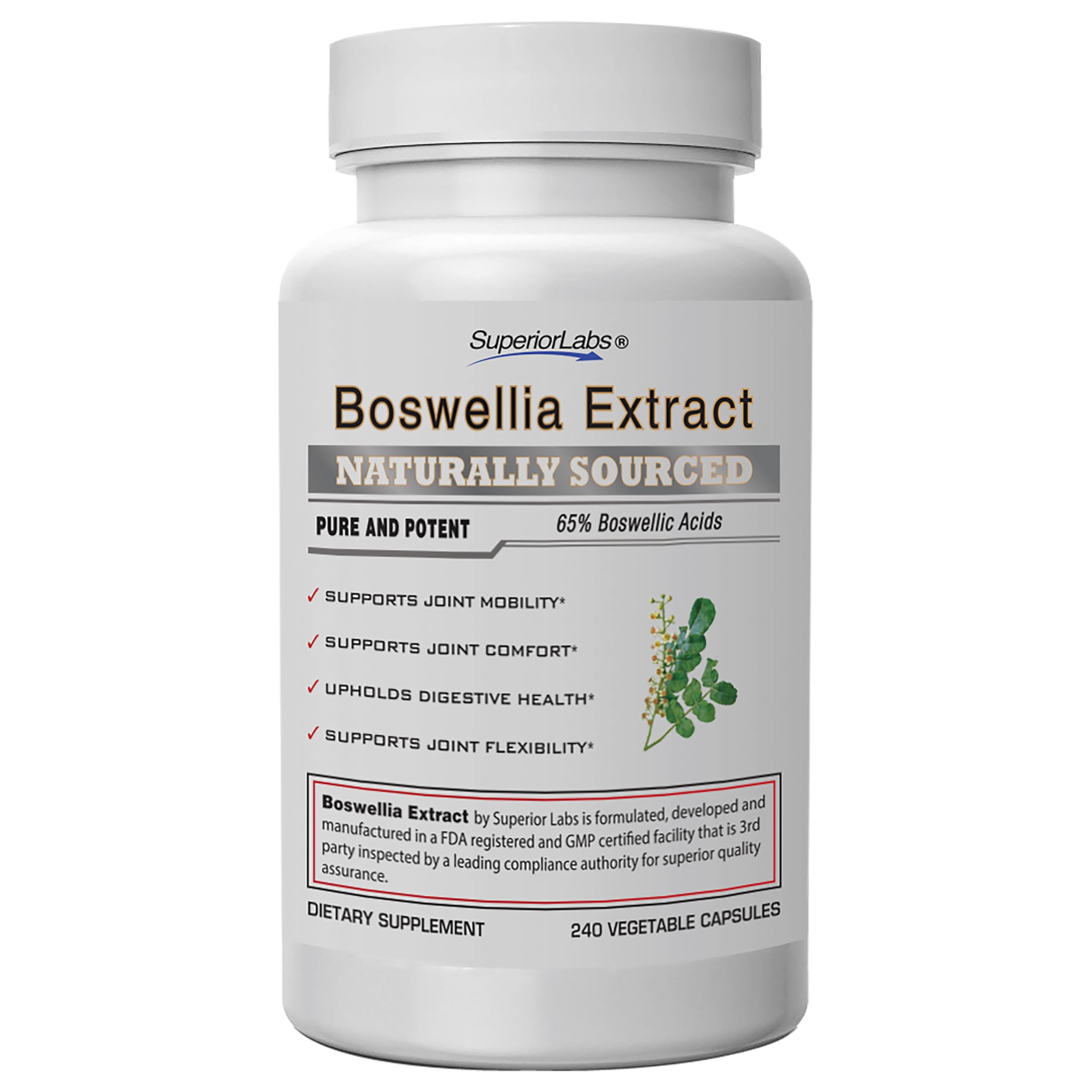 Botella de Superior Labs Boswellia extracto 500 mg, cápsulas vegetales.