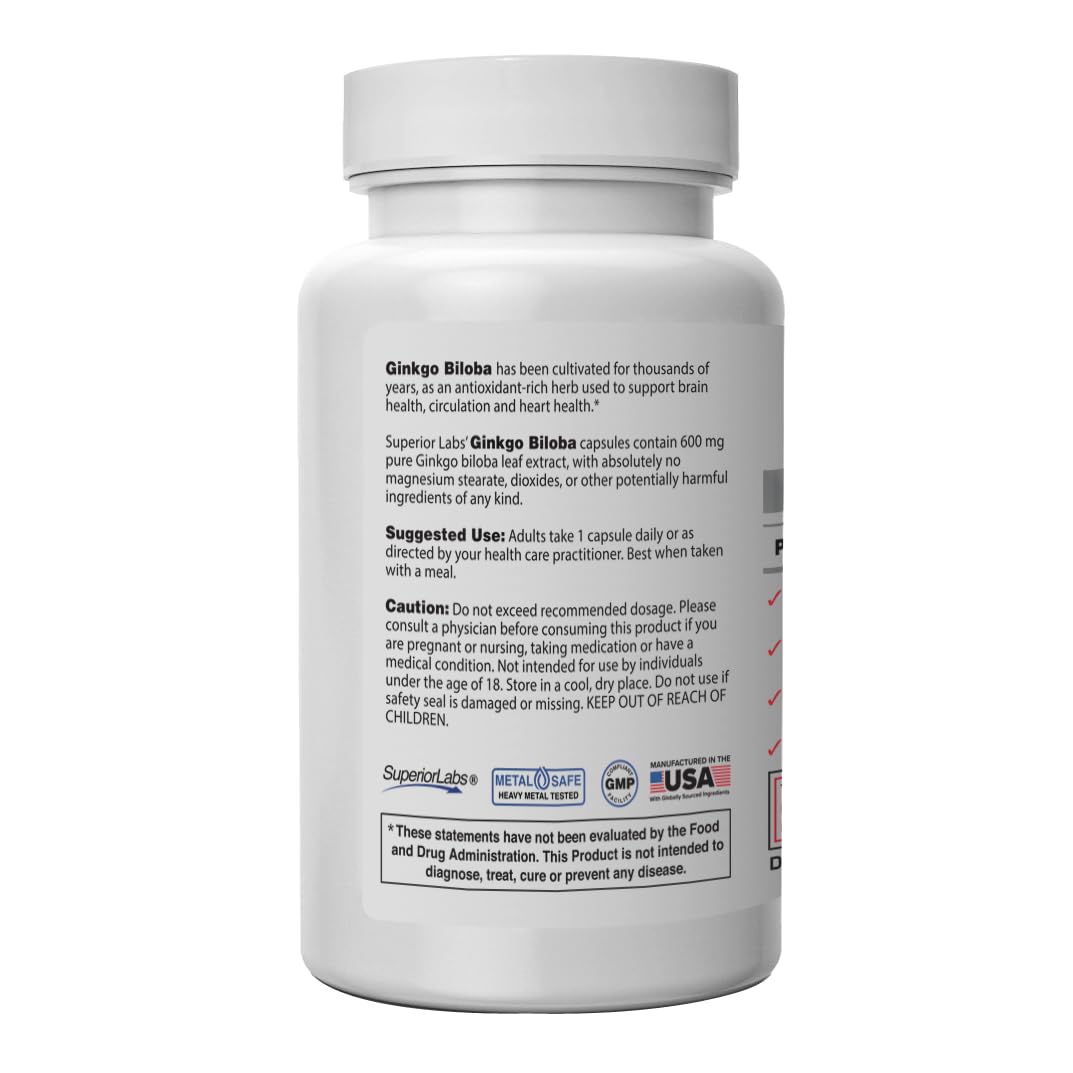 Superior Labs Ginkgo Biloba 1200 mg, botella trasera, información de ingredientes y pureza.