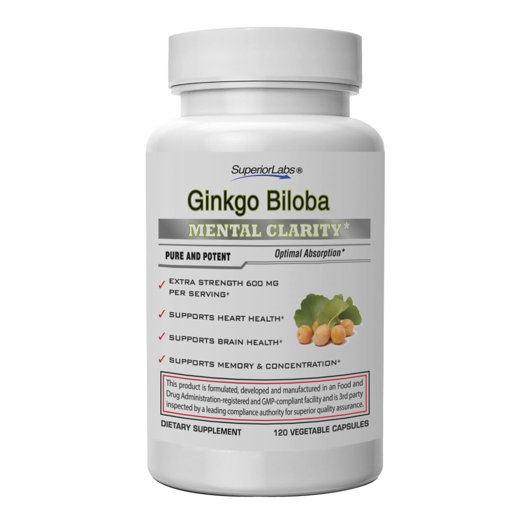 Superior Labs Ginkgo Biloba 1200 mg, botella frontal, apoyo a la claridad mental diaria.