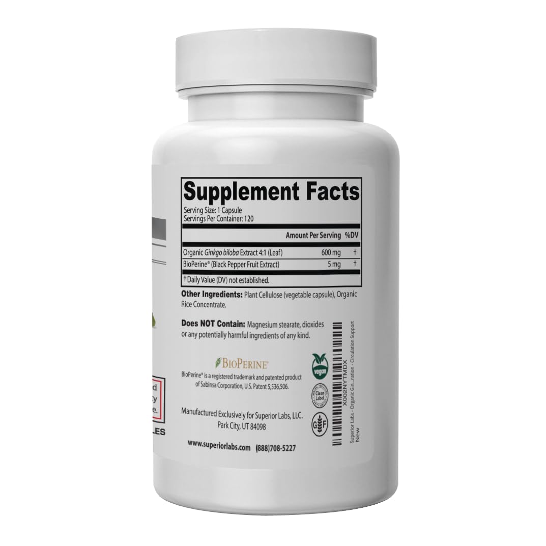 Superior Labs Ginkgo Biloba 1200 mg, cápsulas, apoyo a la circulación y foco diario.